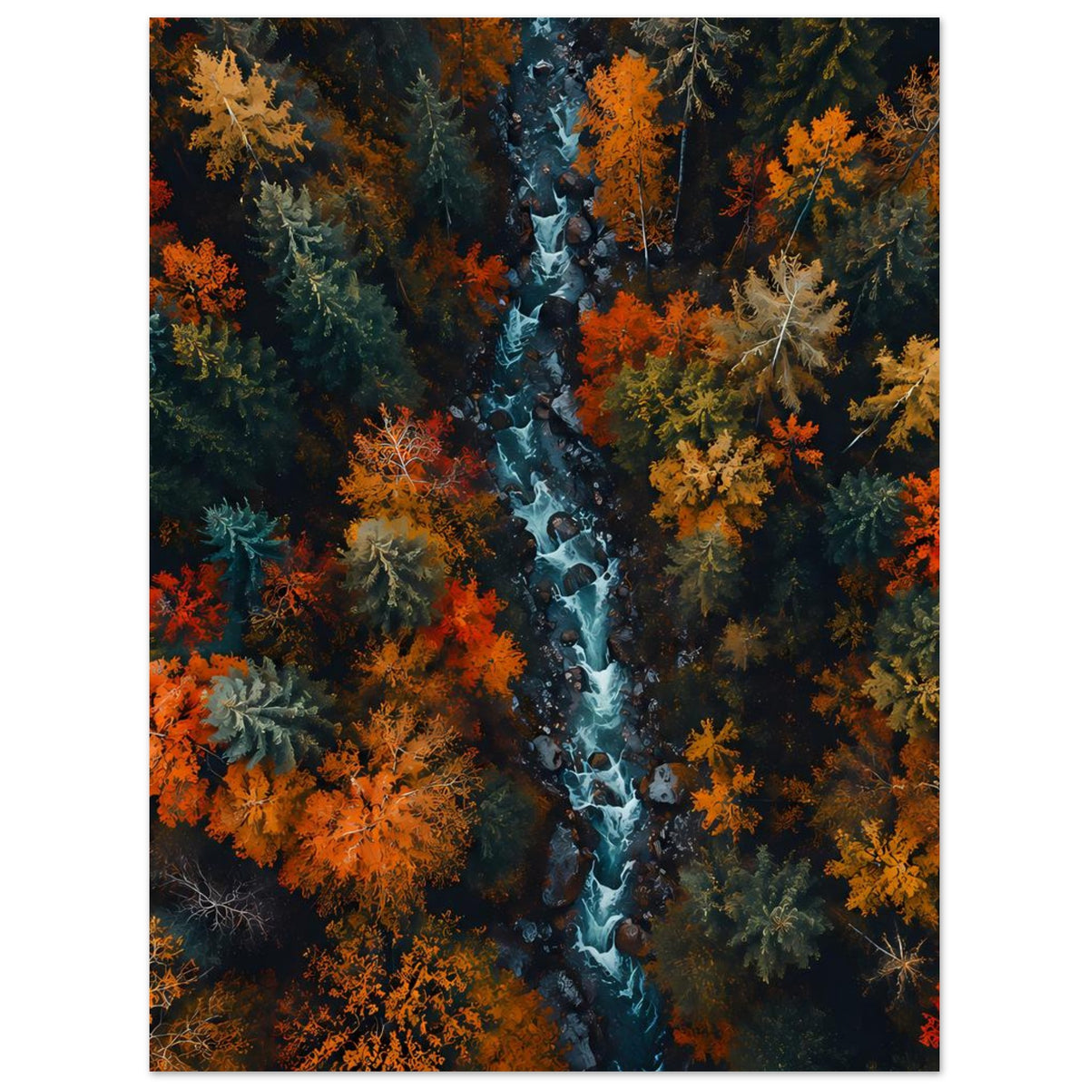 Flusswald-Poster: blauer Strom zwischen orangefarbenem Herbstlaub, vertikal