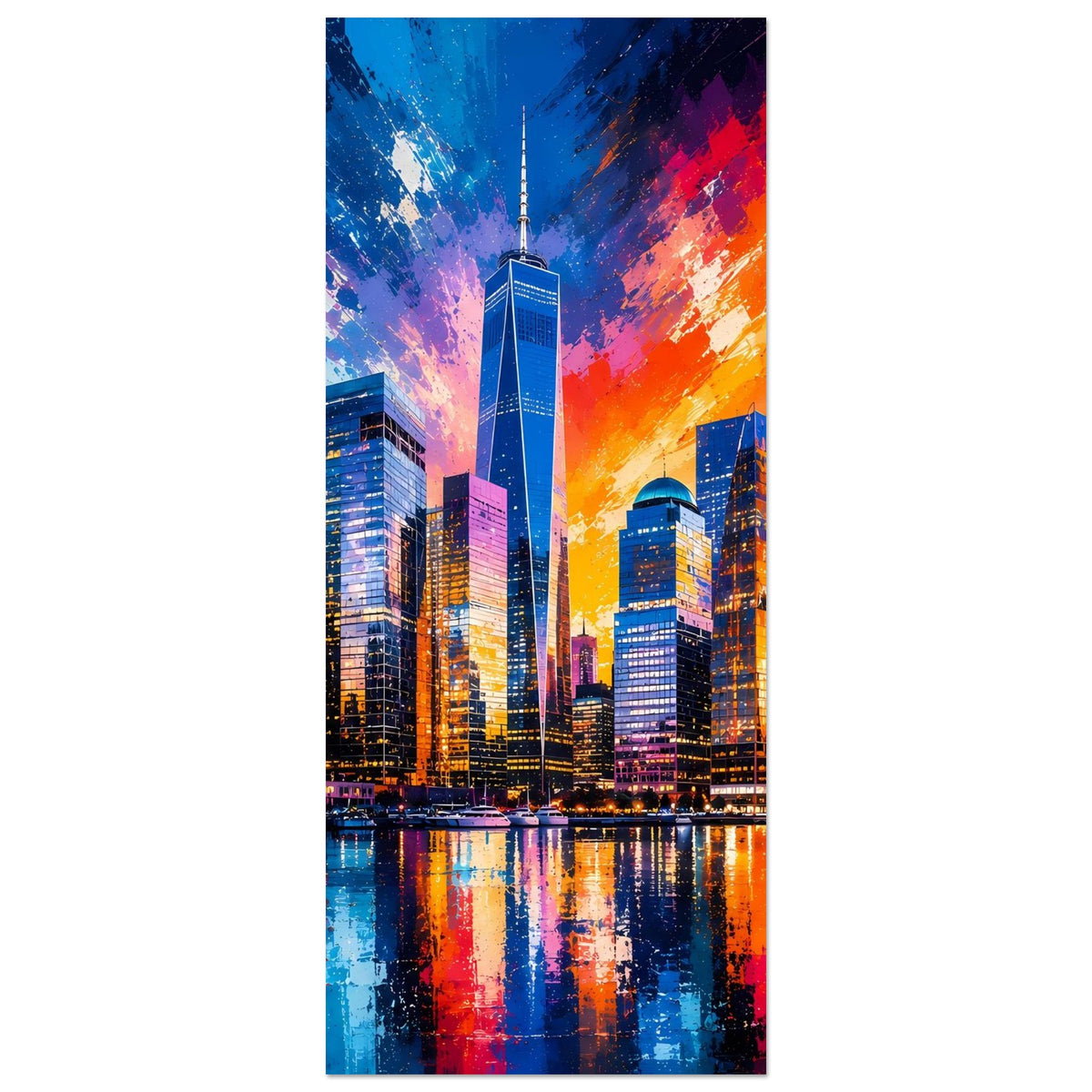 Schmales Hochkant-Poster mit Skyline bei Sonnenuntergang, farbiger Himmel und Wasserreflexen
