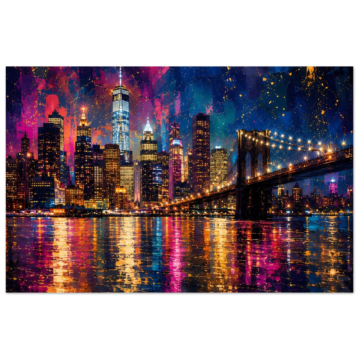 Neon-Stadtposter mit Skyline und beleuchteter Hängebrücke, Fokus auf Lichter und Spiegelungen