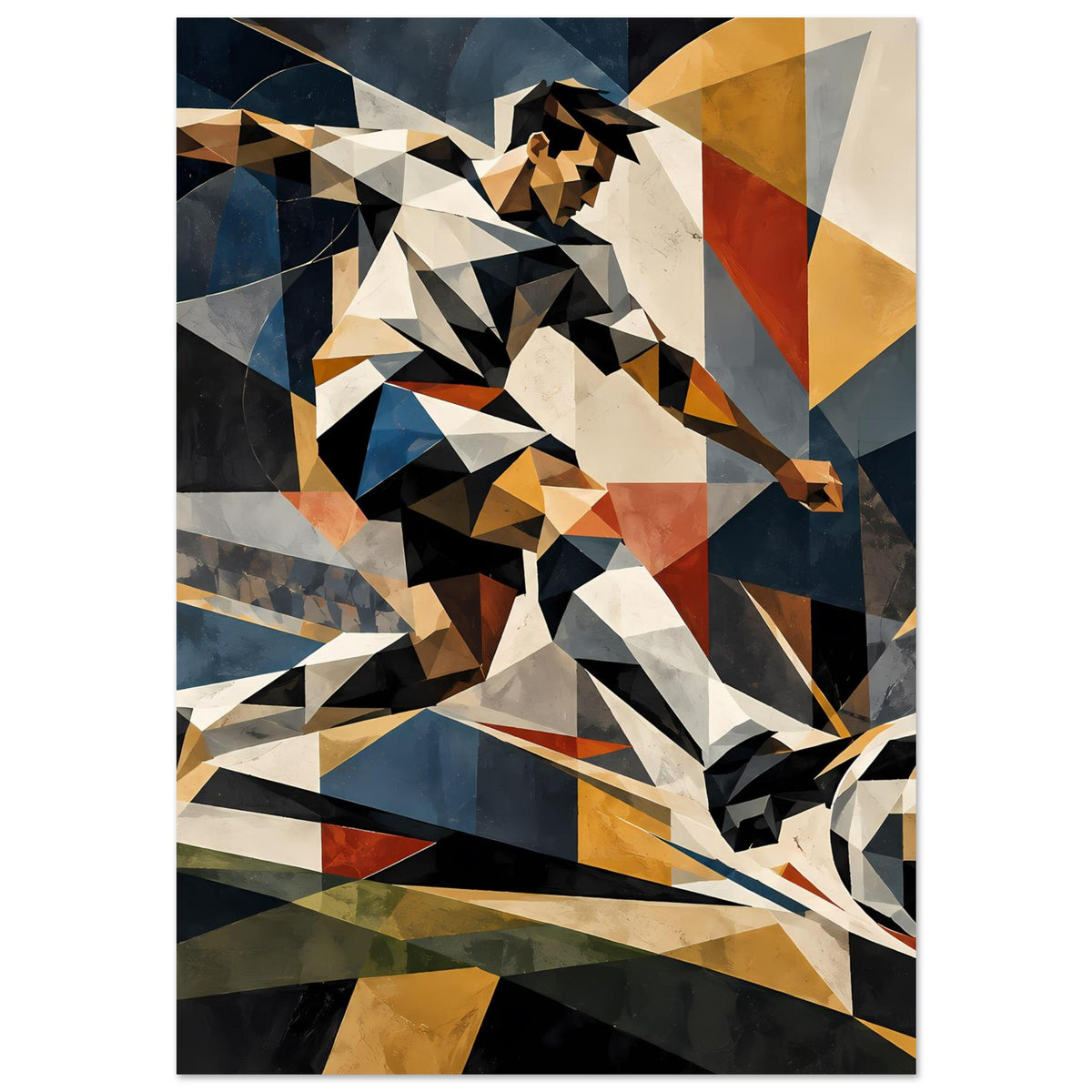 Abstraktes Fußballspieler-Poster mit dynamischer Figur aus Blockformen in Blau, Schwarz und Gelb
