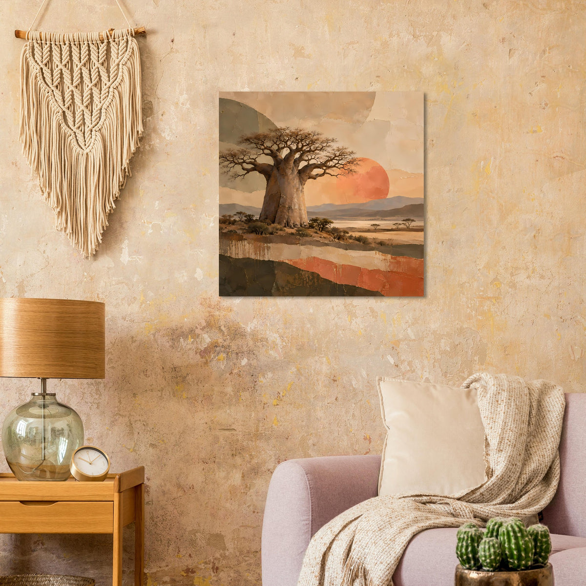 Naturposter mit Baobabbaum, roter Sonne und Savannenlandschaft mit Wasser im Vordergrund