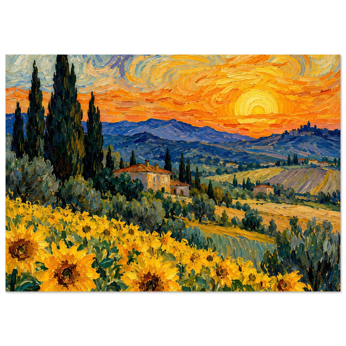Sonnenblumenfeld-Poster mit Sonnenuntergang, orangefarbener Sonne, blauen Hügeln und Zypressen