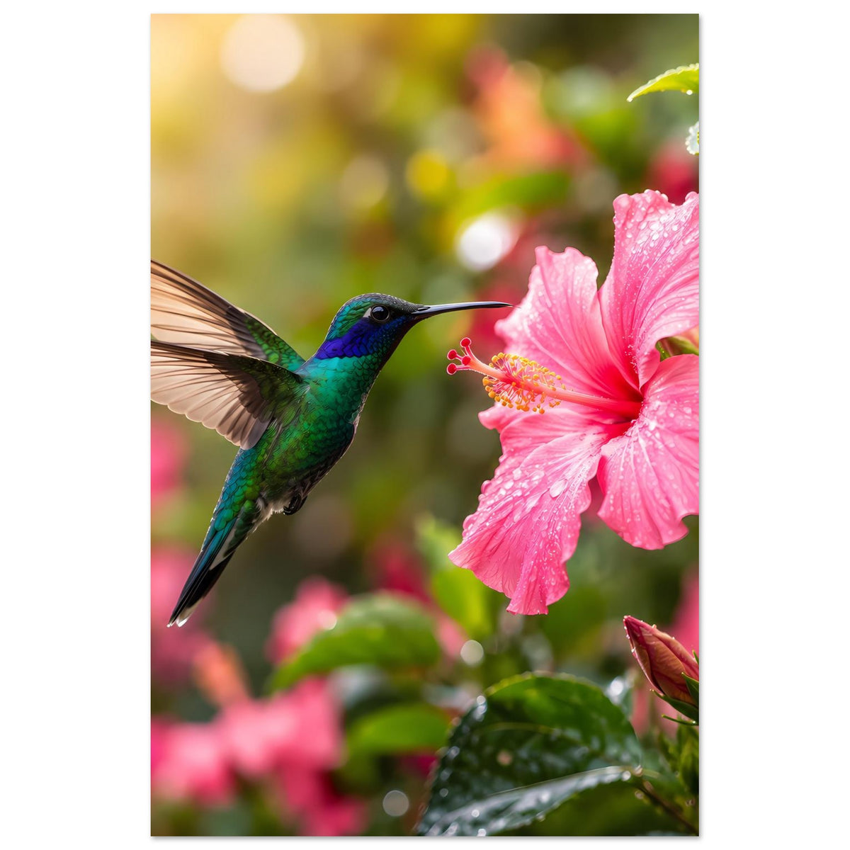 Naturposter mit Kolibri in Grün/Blau und pinkem Hibiskusblütenmotiv, vertikal