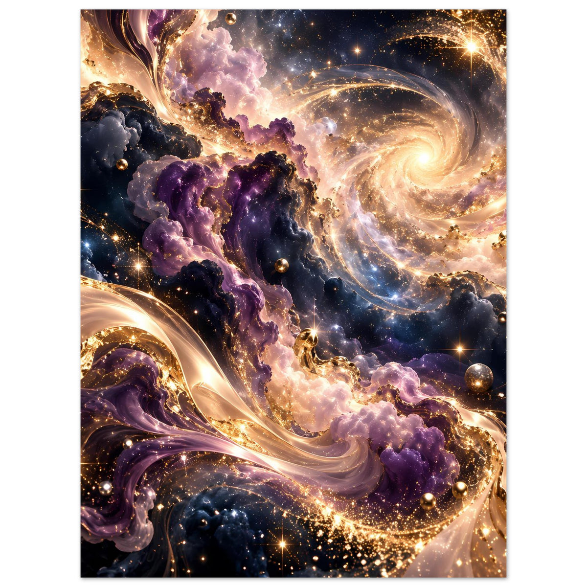 Premium-Kunstdruck mit kosmischem Wirbel in Gold und Violett, voller Sternenstaub