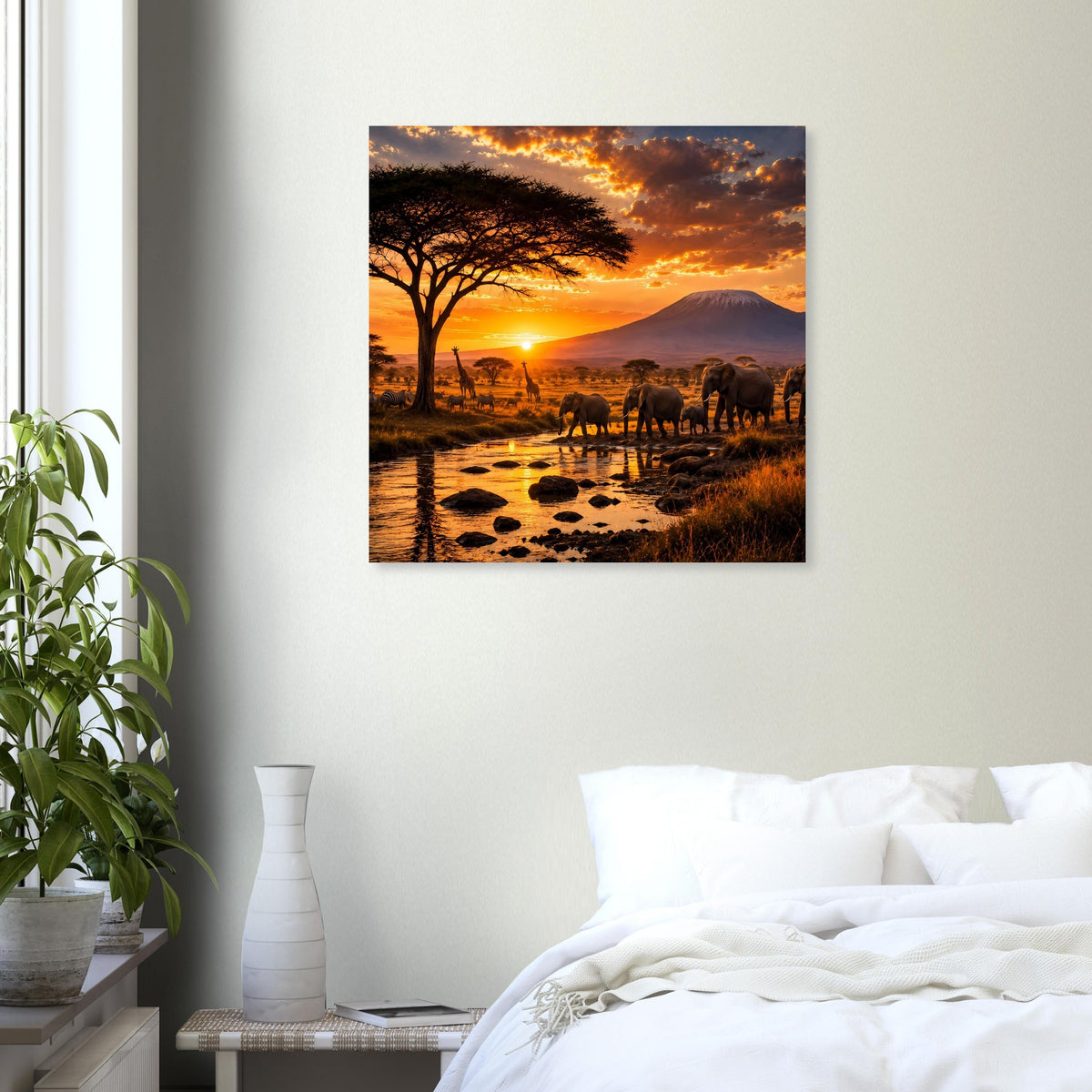 Safari-Wildlife-Poster mit Elefanten, Akazienbaum und dramatischem Sonnenuntergang