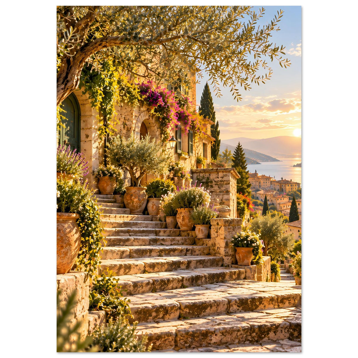 Poster im Hochformat: üppige Pflanzen am Treppenweg, Töpfe, mediterrane Häuser und Abendsonne