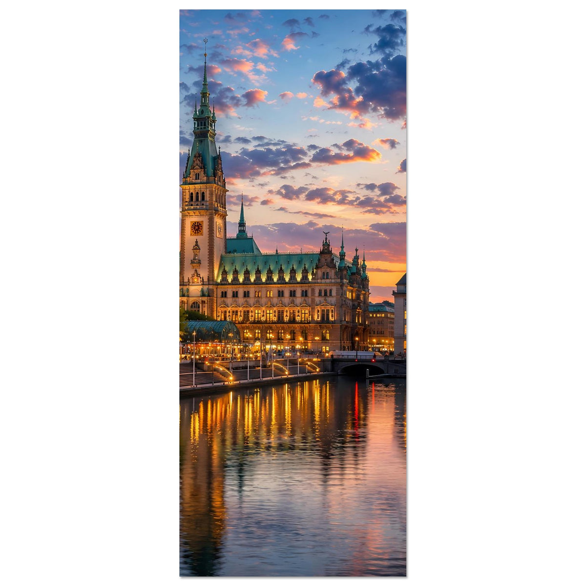 Vertikales Stadtposter mit Domturm, warmem Himmel und Flussreflexionen