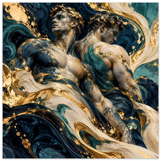 Kunstposter mit zwei Aktfiguren in Blau, Gold und Creme, marmorierte Wirbel