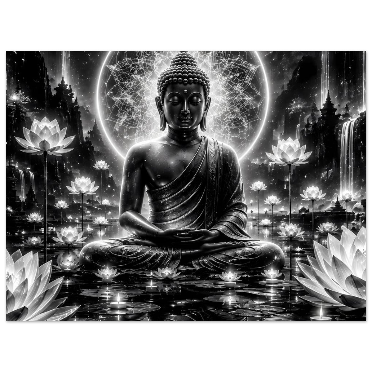 Poster: sitzender Buddha in Schwarzweiß mit leuchtendem Kreis, Lotusblüten und Mandala