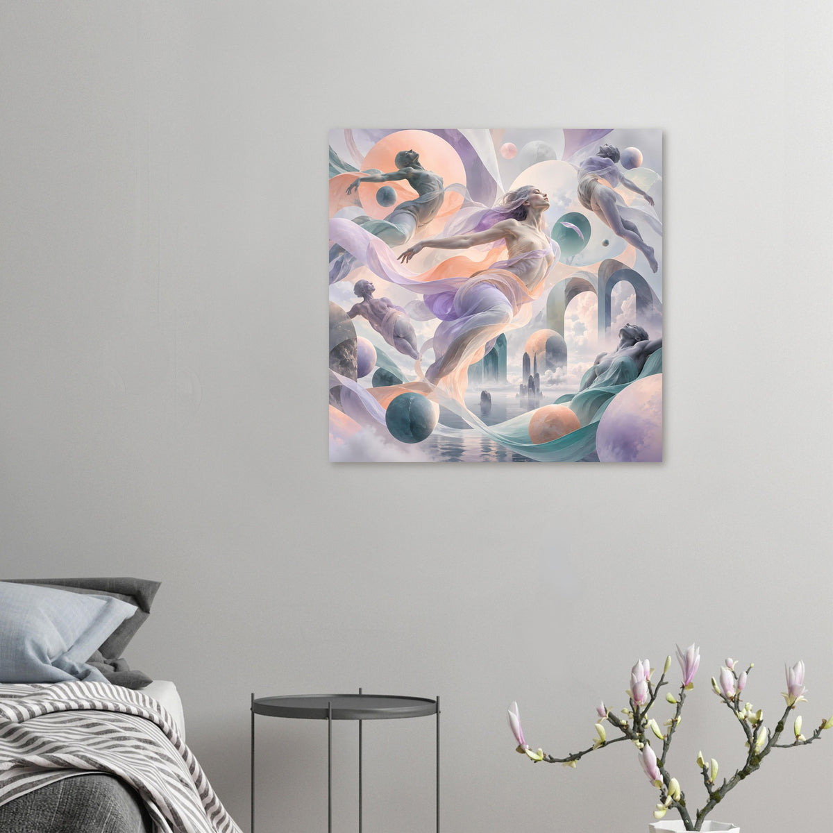 Kleines Wandkunstposter mit schwebenden Tänzerinnen in sanften Blau-, Lila- und Rosatönen