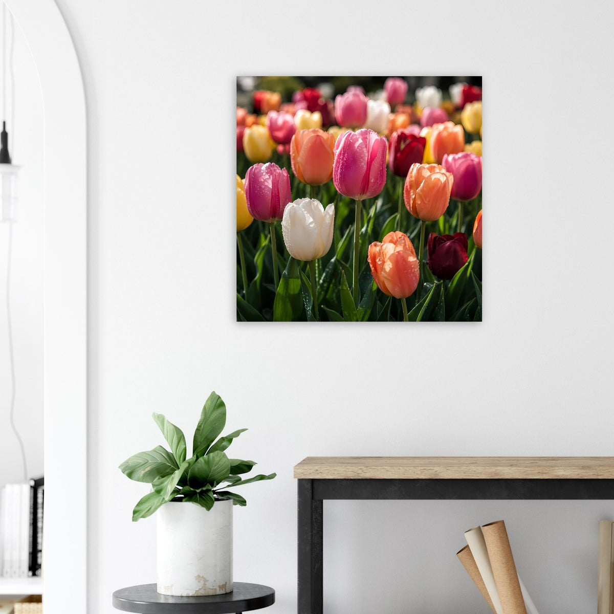 Quadratisches Tulpen-Poster mit schwarzem Rand und buntem Tulpenbeet