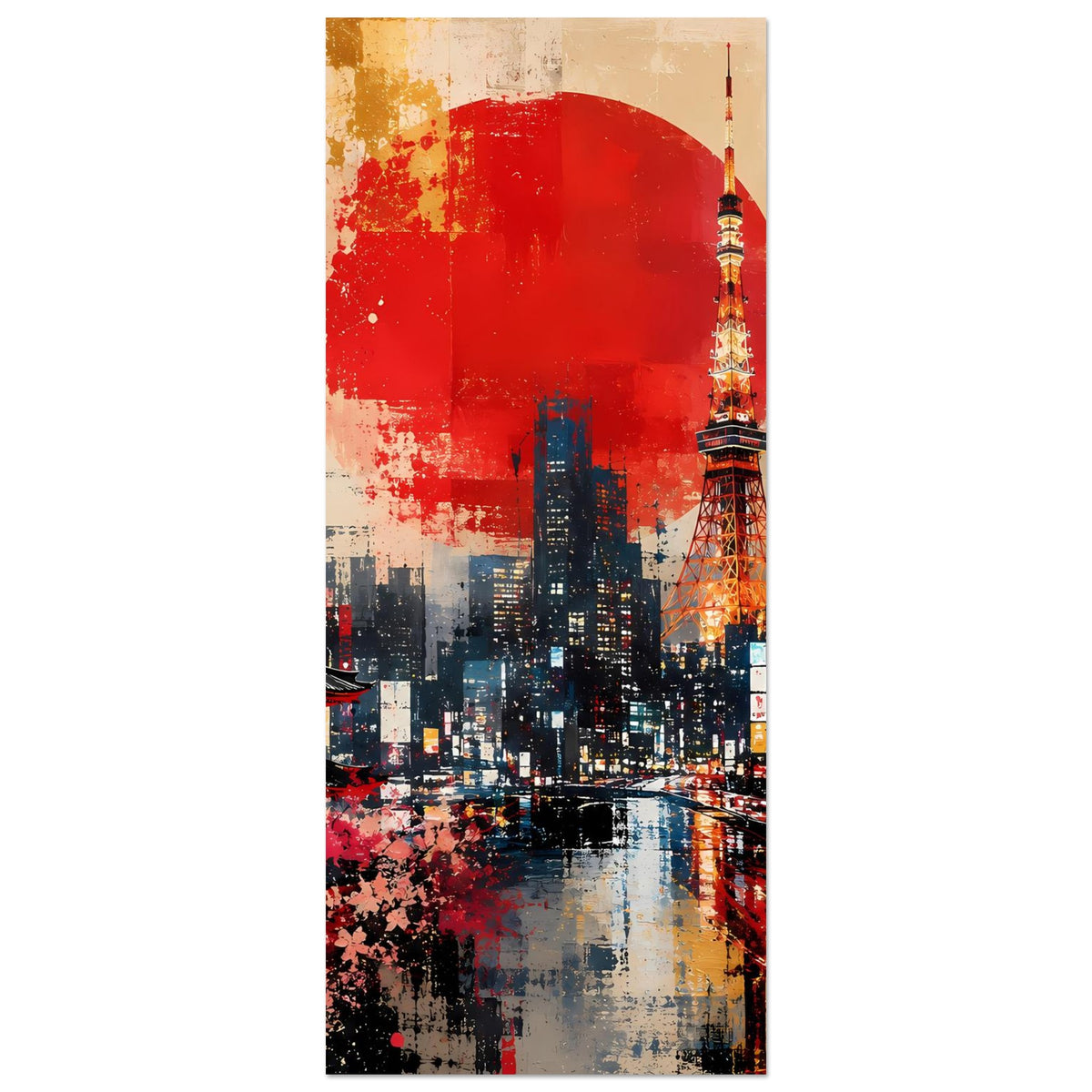 Abstraktes Poster im Hochformat: rote Sonne, Tokyo Tower und Stadt-Skyline