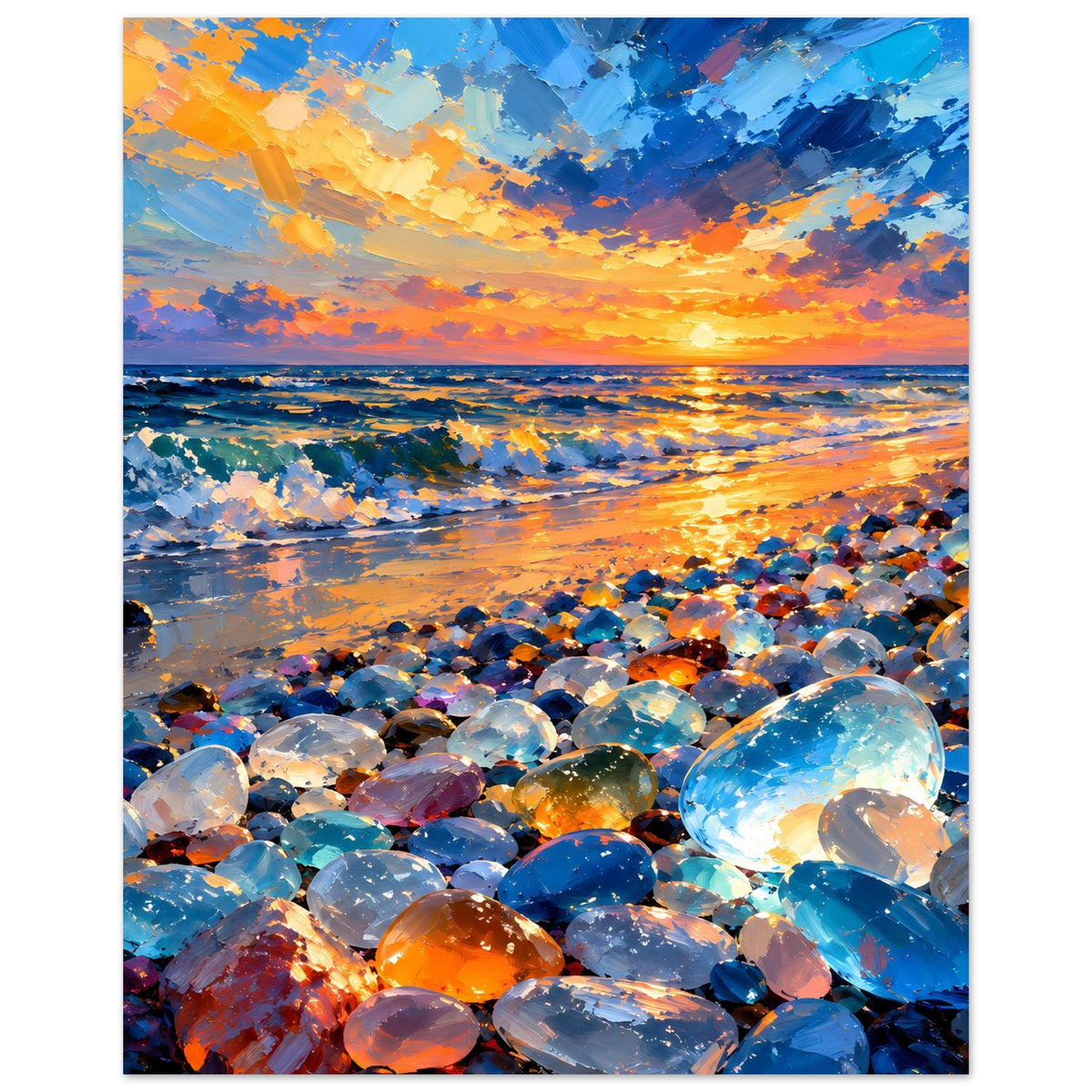 Vertikales Meerstrand-Poster: Sonnenuntergang über dem Meer, reflektierende Glassteine