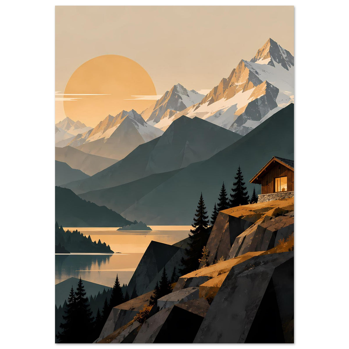 Vertikales Poster mit Bergsee: goldene Sonne, Wolkenhimmel, Holzhaus am Felsvorsprung