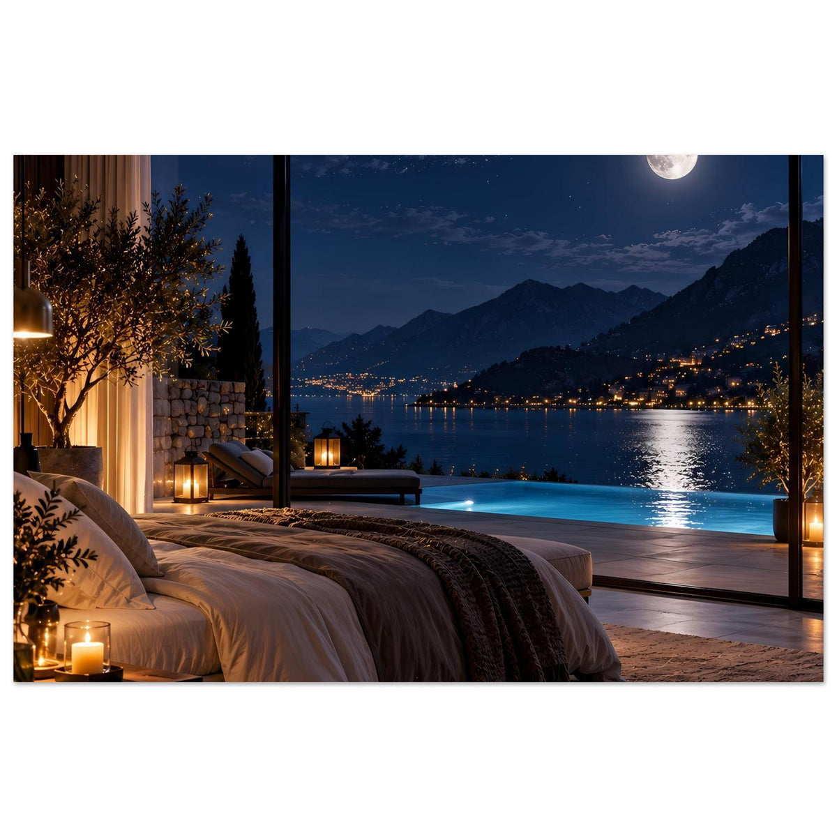 Schlafzimmerposter mit Mond, Bergen und See bei Nacht, Pool im Vordergrund