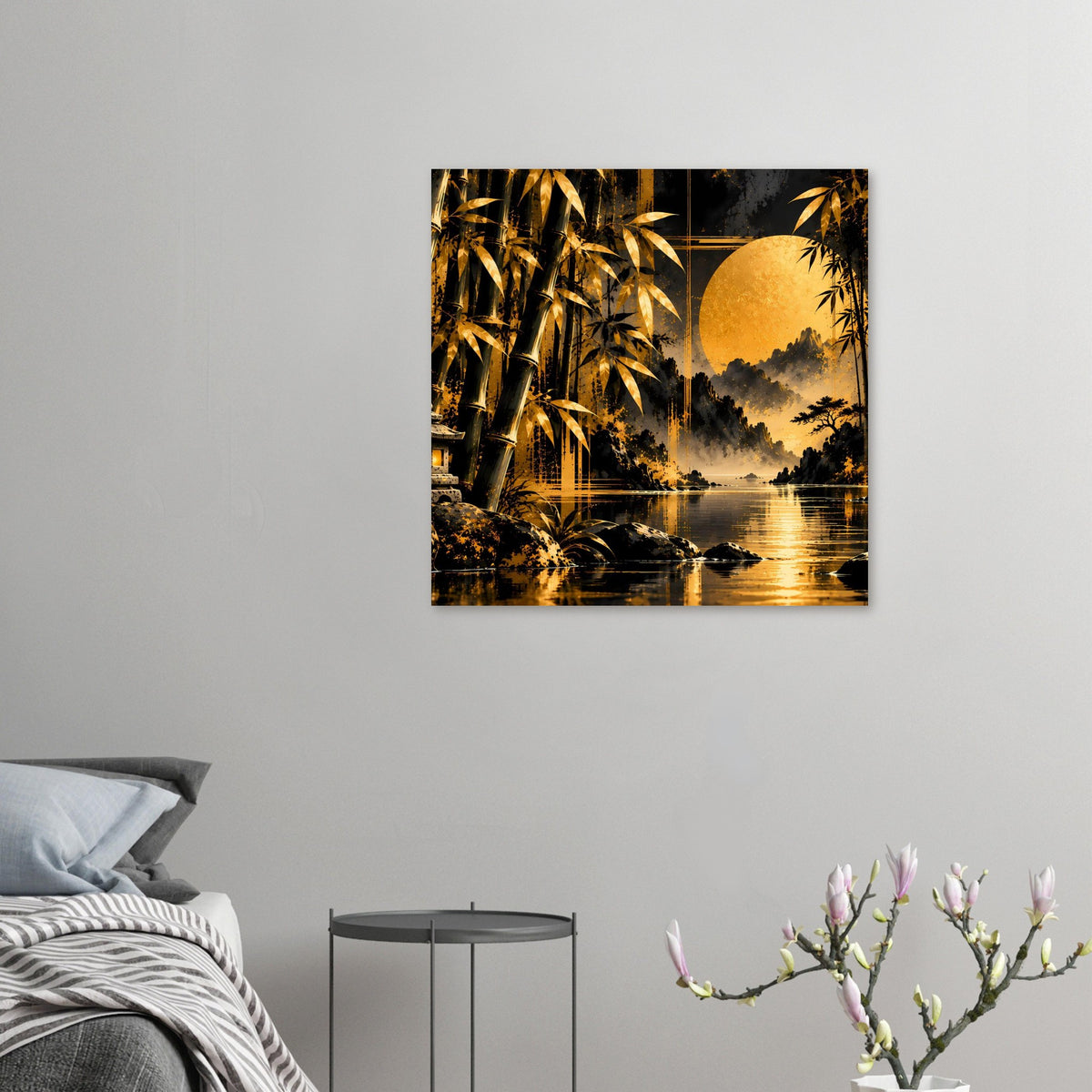 Kleines gerahmtes Bambuslandschafts-Poster mit goldener Scheibe, See und Bambus