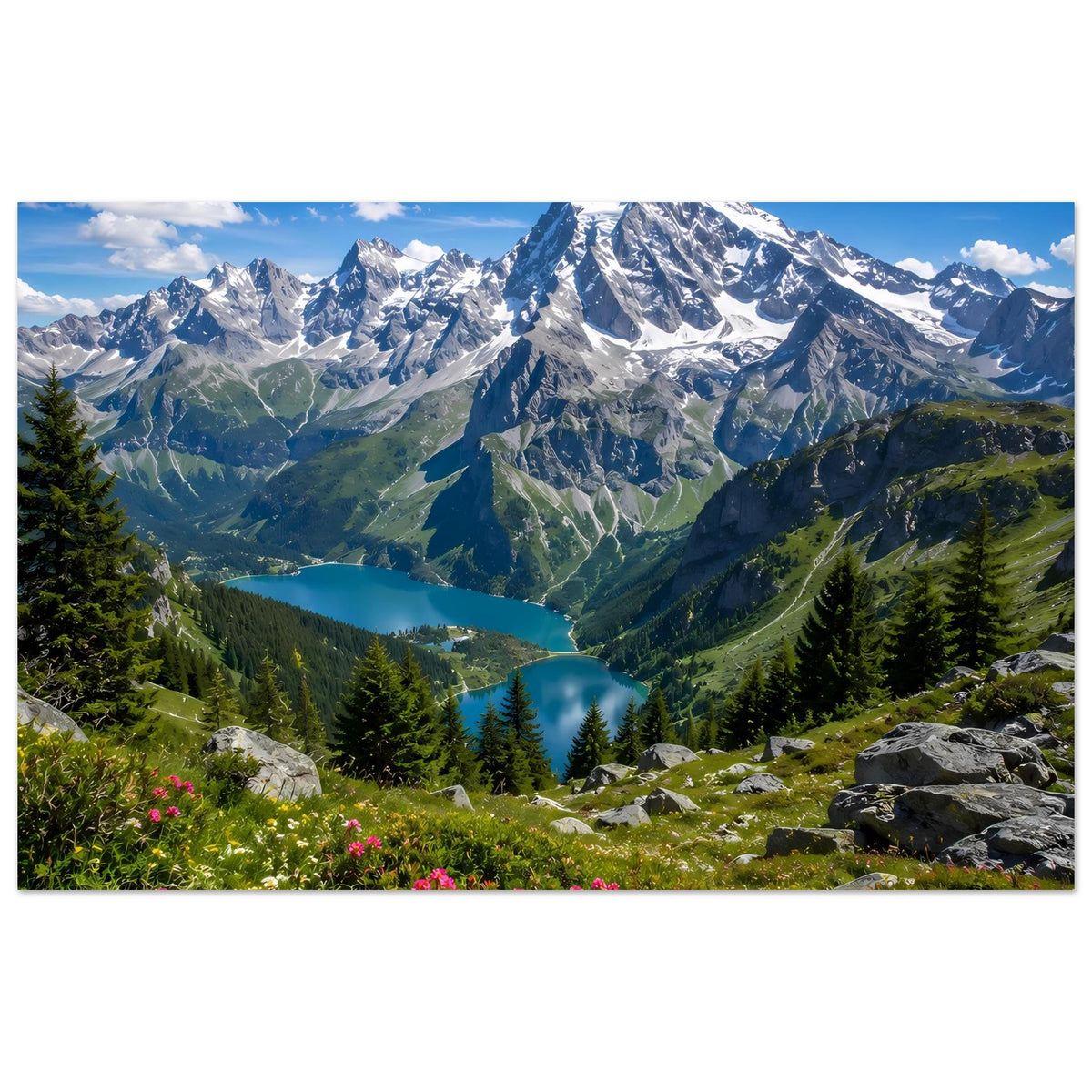 Alpenlandschafts-Poster im Querformat: Panorama mit Bergen, Tannenwald und pinken Blüten