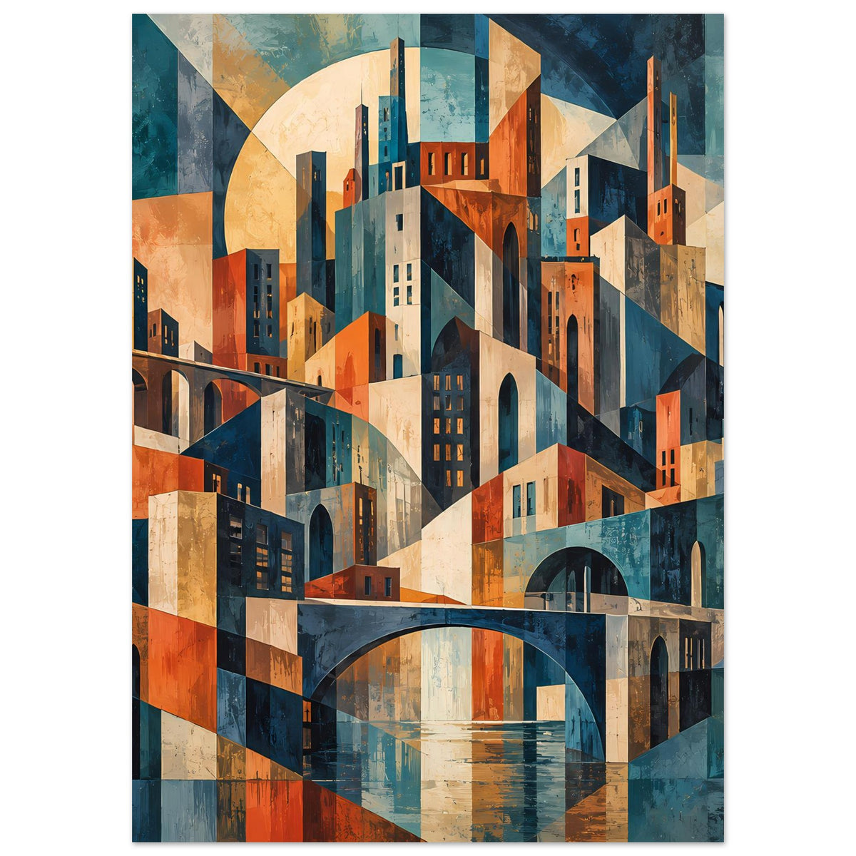 Vertikales Plakat mit geometrischer City-Ansicht und Brücke über blauem Wasser