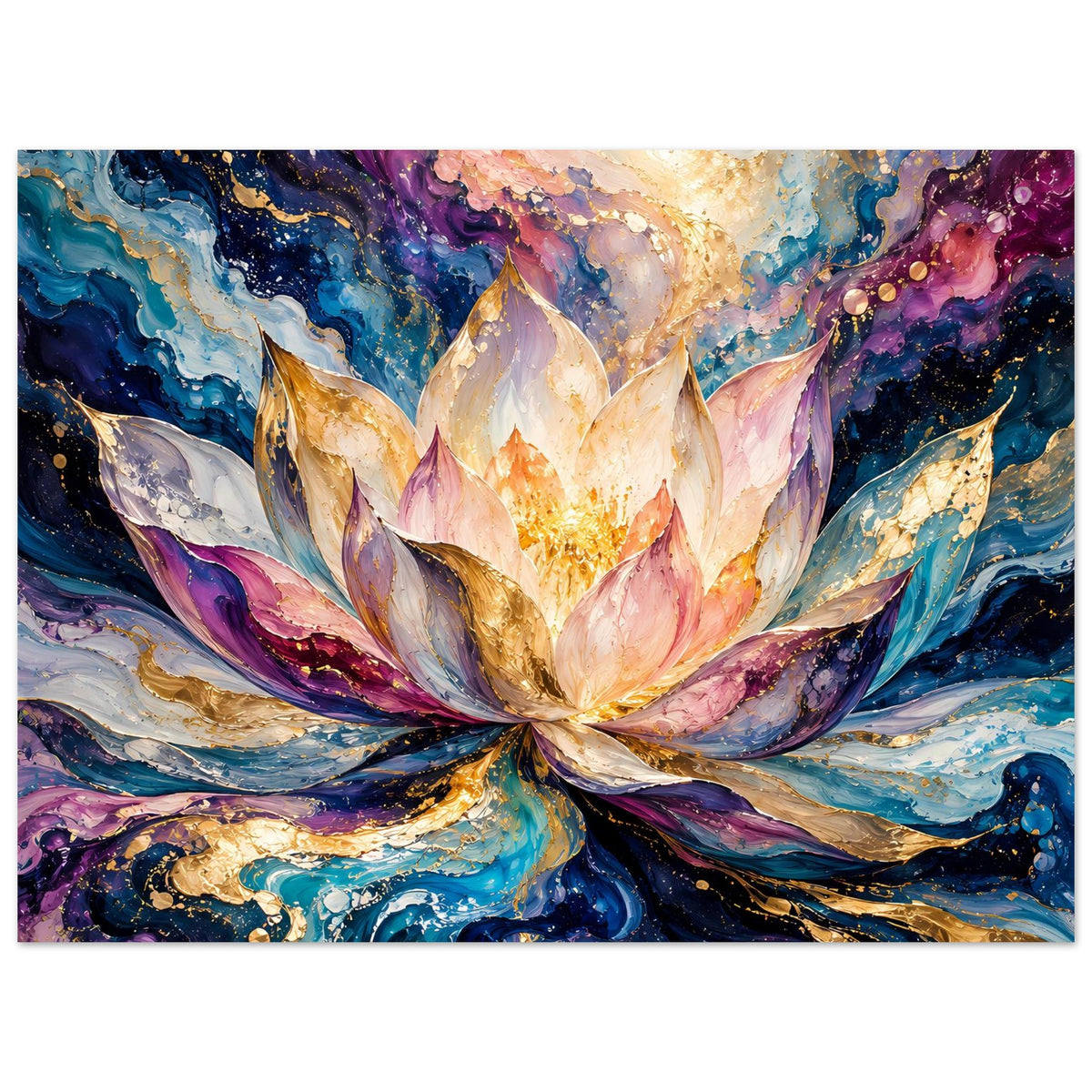Horizontales Blumenposter mit Lotusblüte, Goldakzenten und Wirbelmuster in Blau und Violett