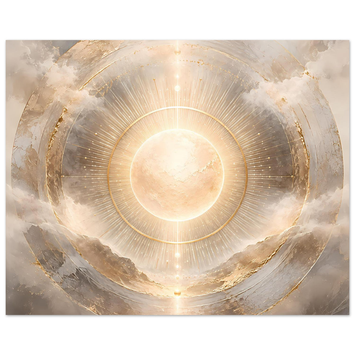 Kosmos-Poster mit Sonnen-Scheibe und Strahlenbogen, goldene Kreisringe, quer