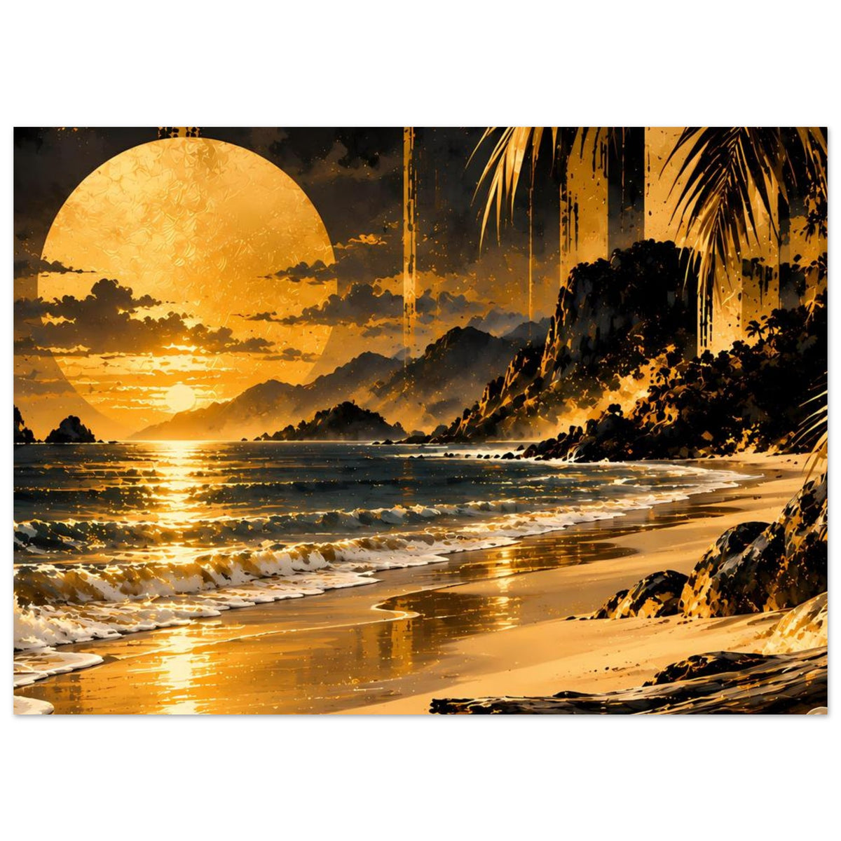 Querformat-Kunstposter mit Golden-Sunset-Strand, große Sonne über dem Meer, Palmen und Berge