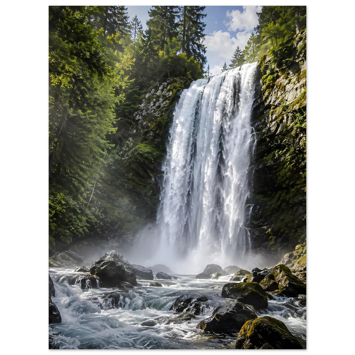 Wasserfall-Premium-Poster im Hochformat mit weißem Wasser, grünen Bäumen und Felsen