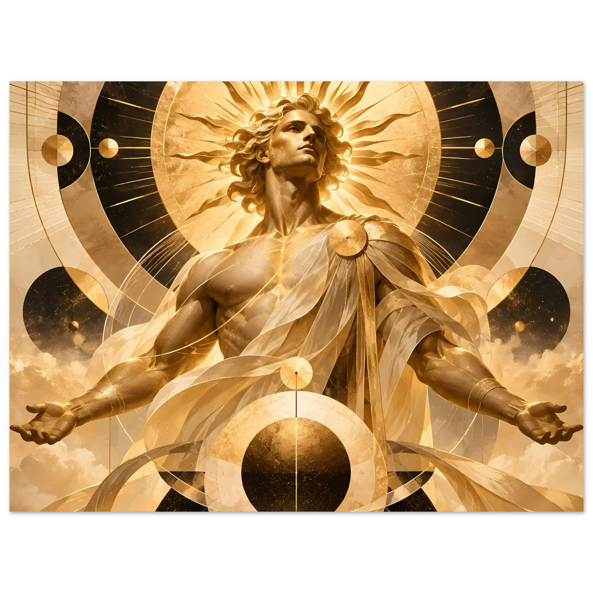 Poster im Querformat mit goldener Engel-Figur, Strahlenkranz und Kreisringen