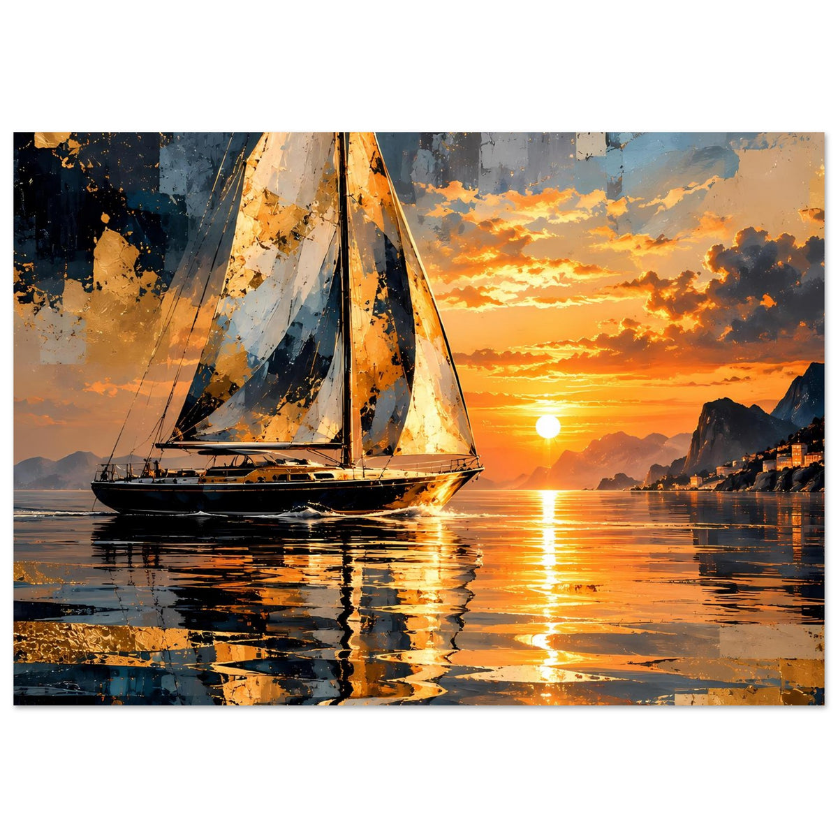 Querformat-Poster mit Segelboot, Sonnenuntergangsfarben und Bergsilhouette am Horizont