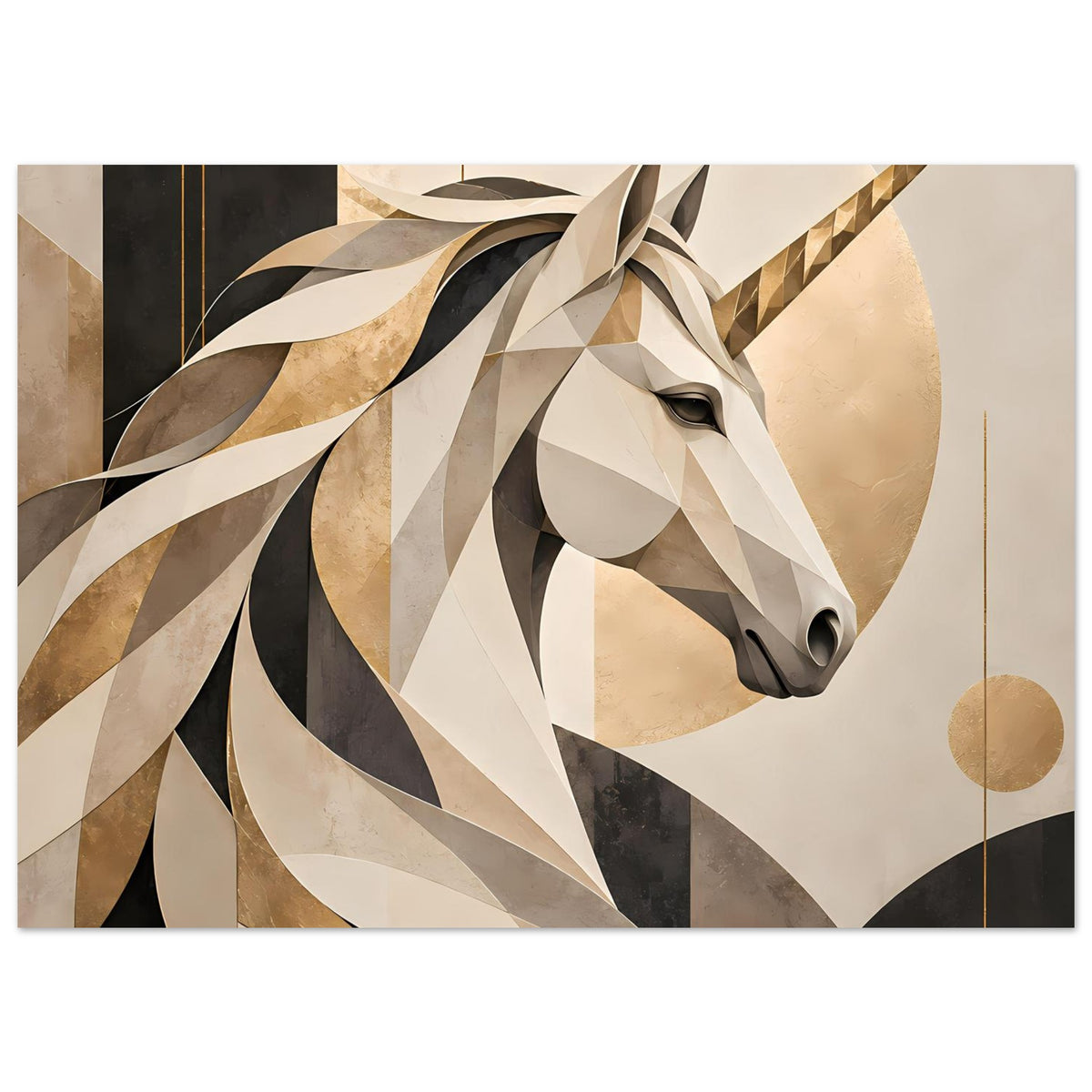 Einhorn-Porträtposter im Querformat, Gesicht und Horn im Fokus, geometrische Gold- und Schwarztöne