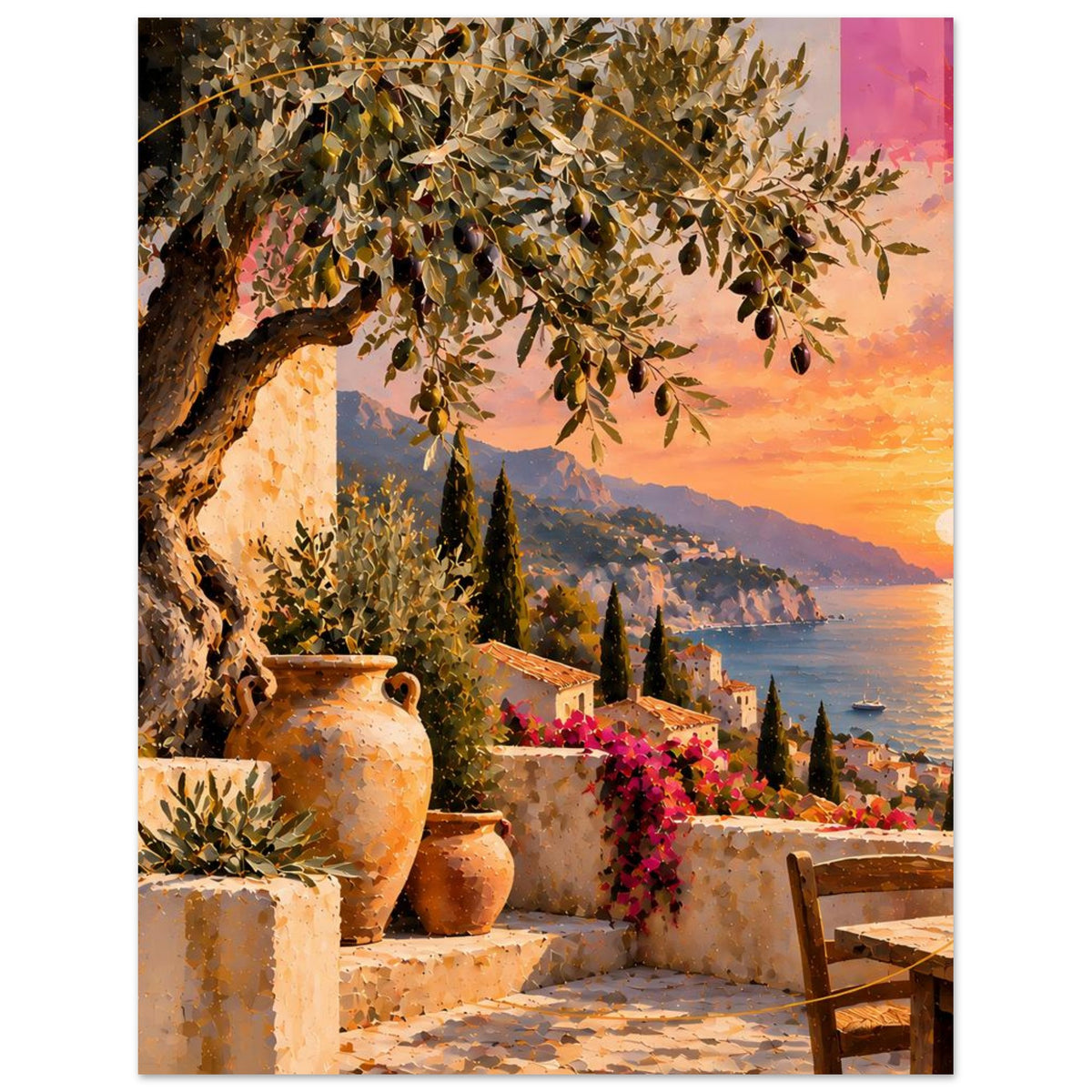 Kunstposter im Hochformat: Tongefäße, Blumenbeet und Sonnenuntergang an der Küste