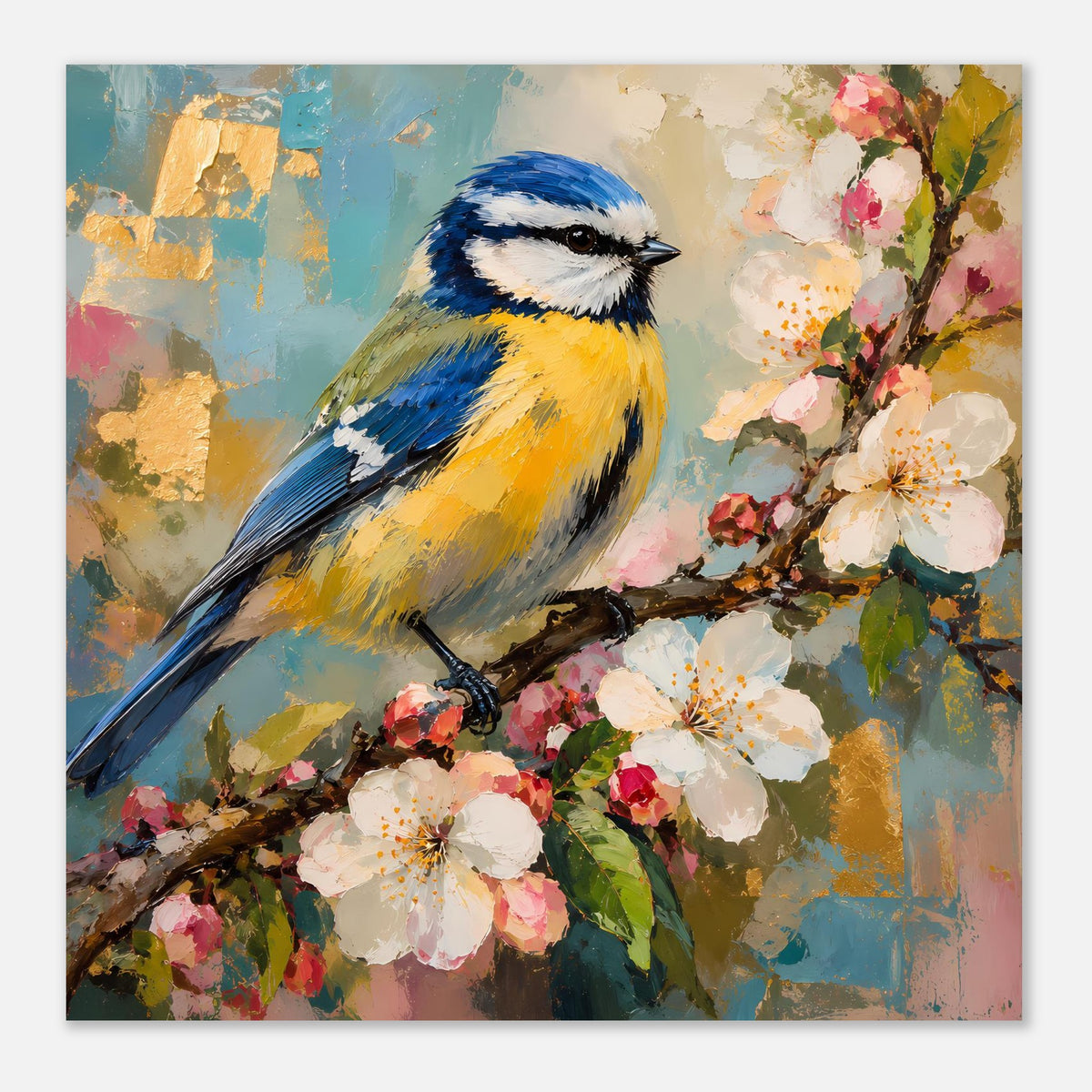 Vogelkunst-Poster: naher Vogelblick auf Ast mit weißen und pinken Frühlingsblüten