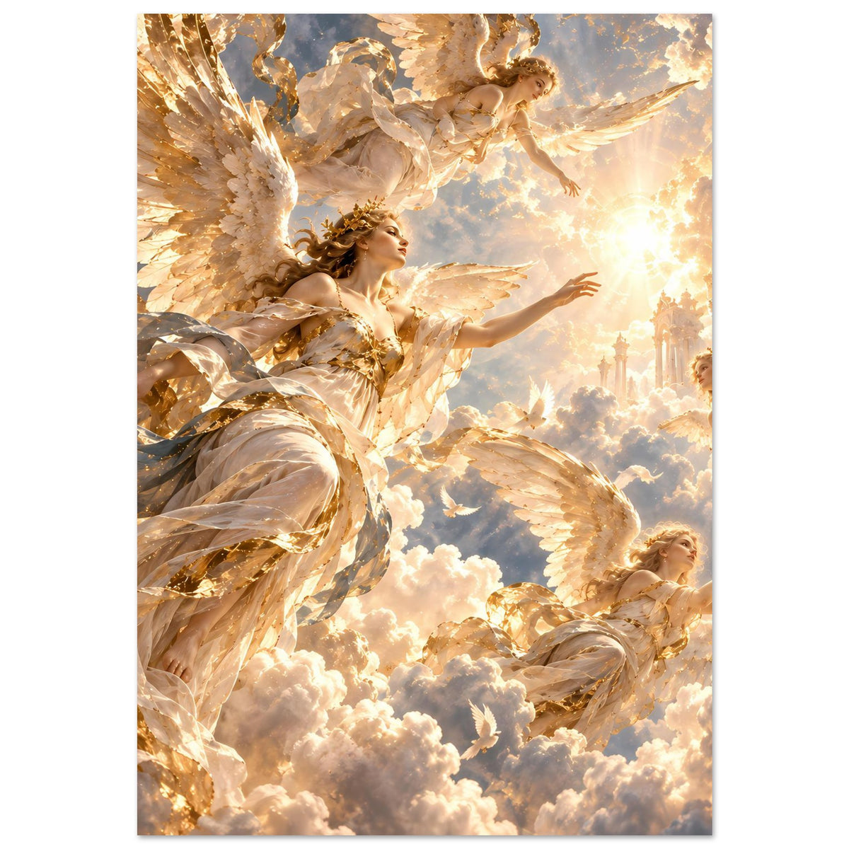 Premium-Matte-Poster mit goldenen Cherubim über Wolken, Lichtstrahlen im Hintergrund