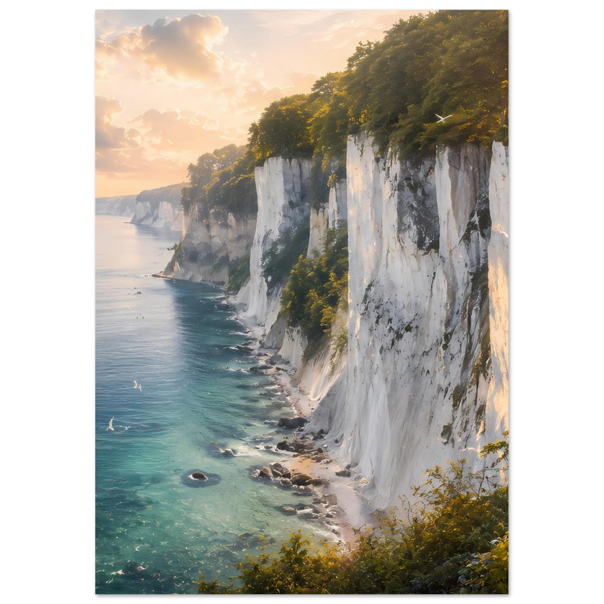 Poster mit Küstenklippen, weißen Felswänden und türkisfarbenem Wasser, warmes Abendlicht