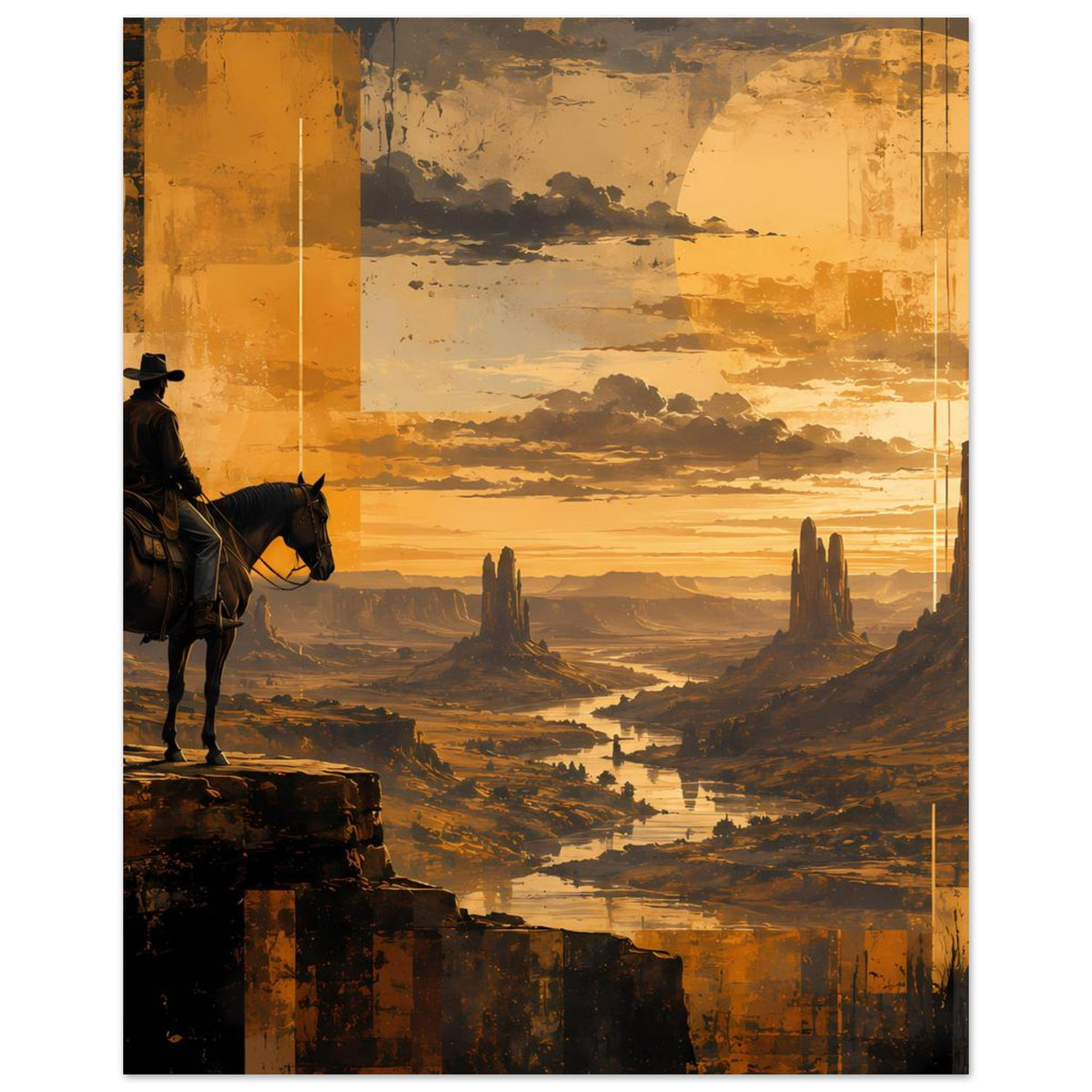 Horizontales Poster mit Cowboy auf Pferd links, Weitblick über Schluchten bei goldenem Himmel