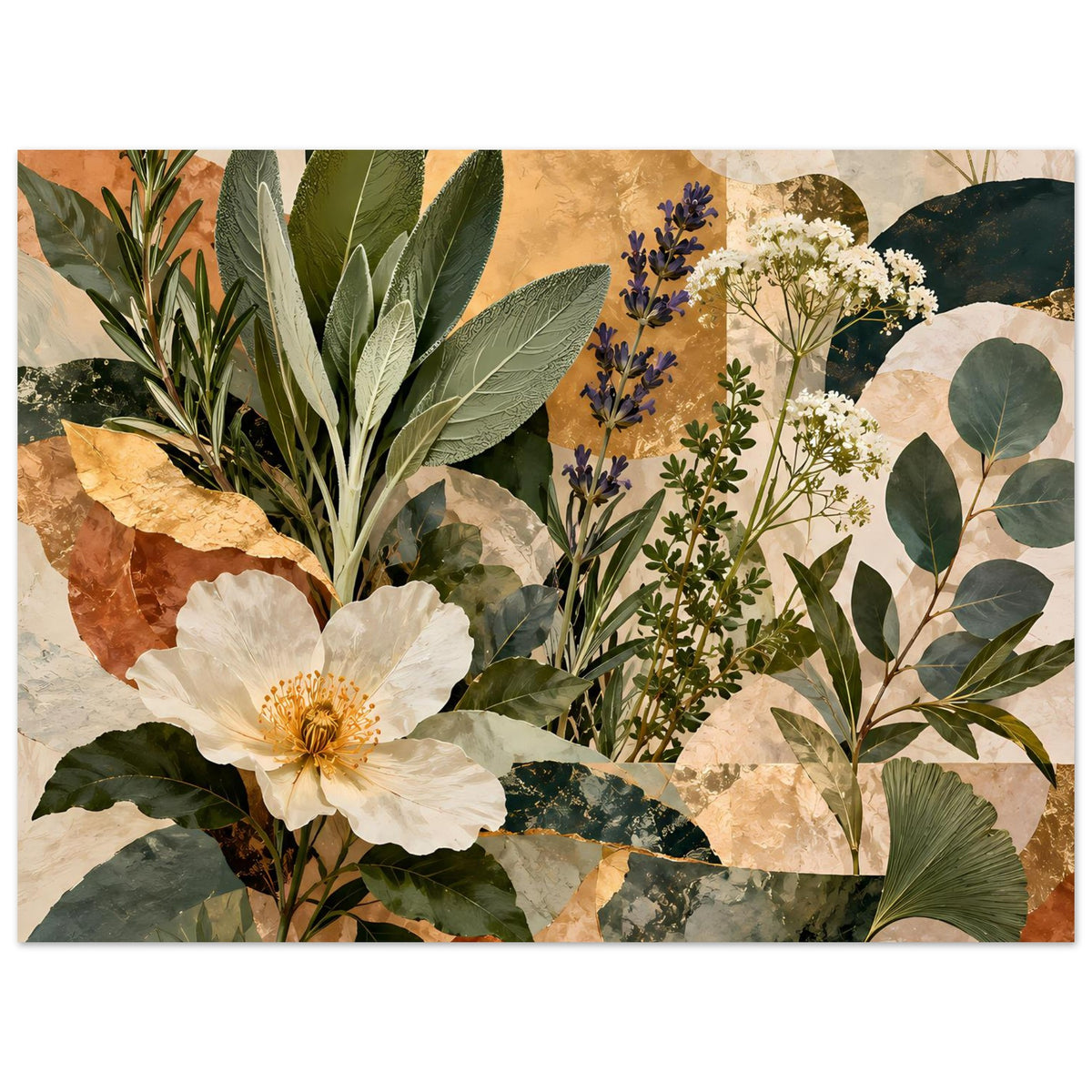 Botanisches Poster: horizontaler Blüten- und Blattmix mit weißen Blüten, violettem Blütenstand