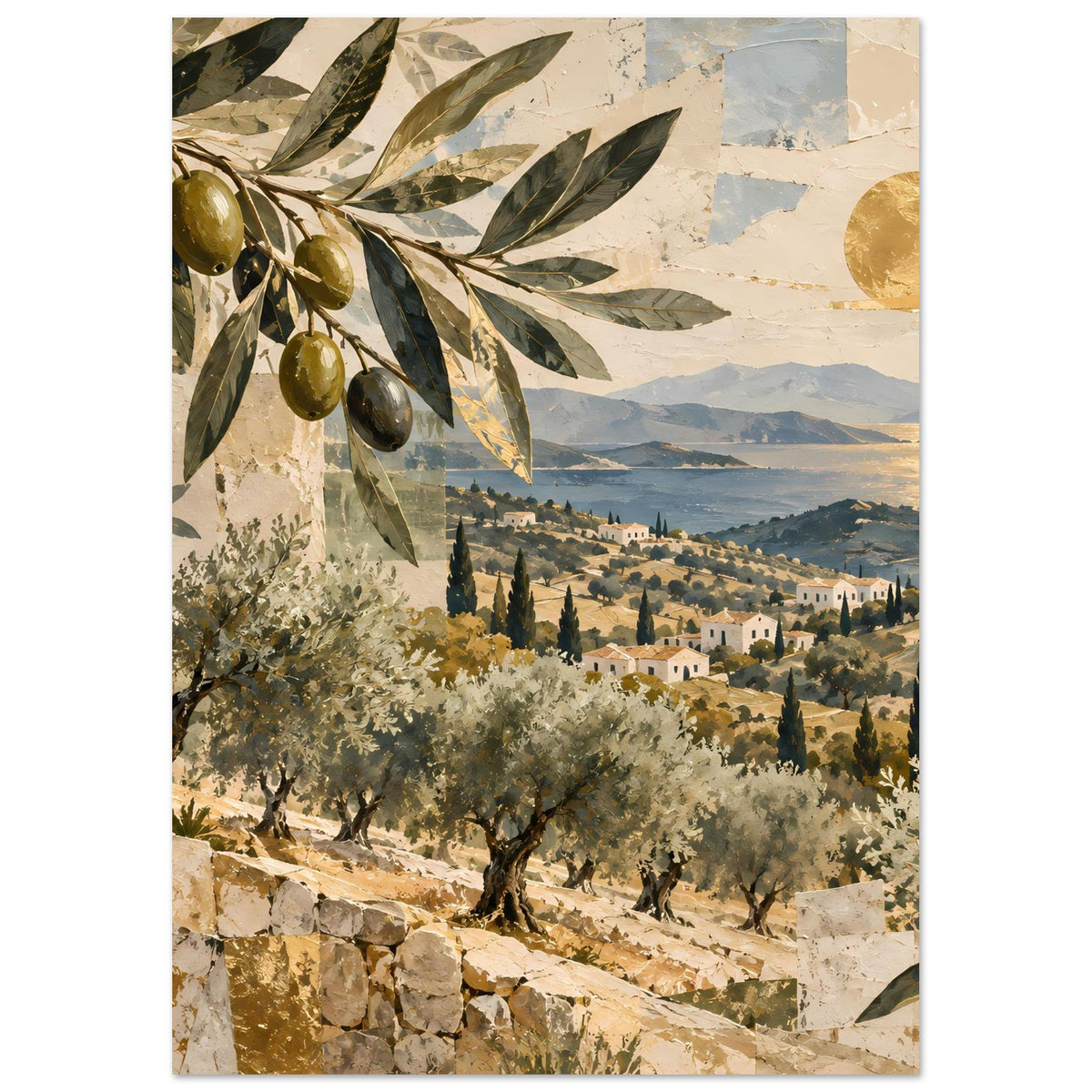 Poster mit Olivenblättern und Oliven am linken Rand, Panorama mit Dorf, Bergen und goldenem Kreis