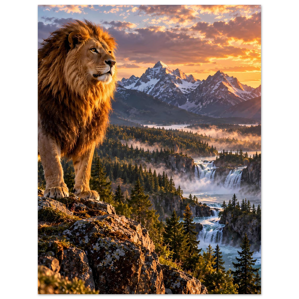 Poster im Hochformat mit bräunlichem Löwen und Bergkette im warmen Licht