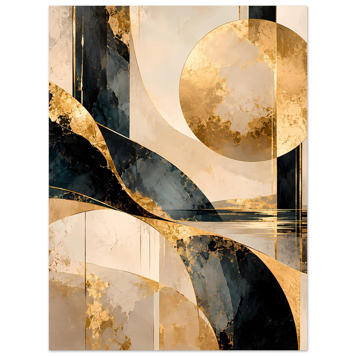 Abstraktes Poster im Hochformat: goldener Kreis, dunkle Kurven und goldene Akzentlinien