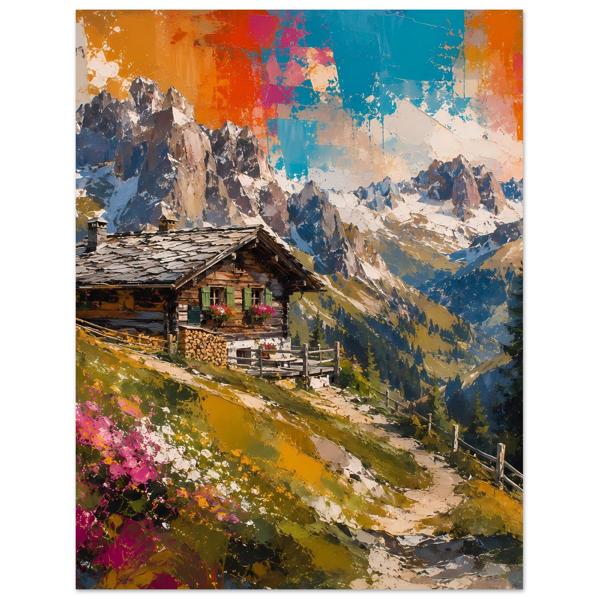 Poster im Hochformat mit Alpenhütte, bunten Bergen und abstraktem Himmel in Blau/Orange
