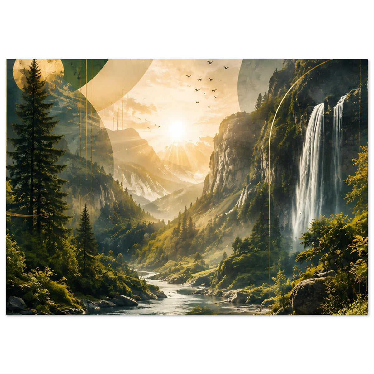 Landschaftsposter: Wasserfall rechts, Fluss im Tal und Sonnenstrahlen im Hintergrund