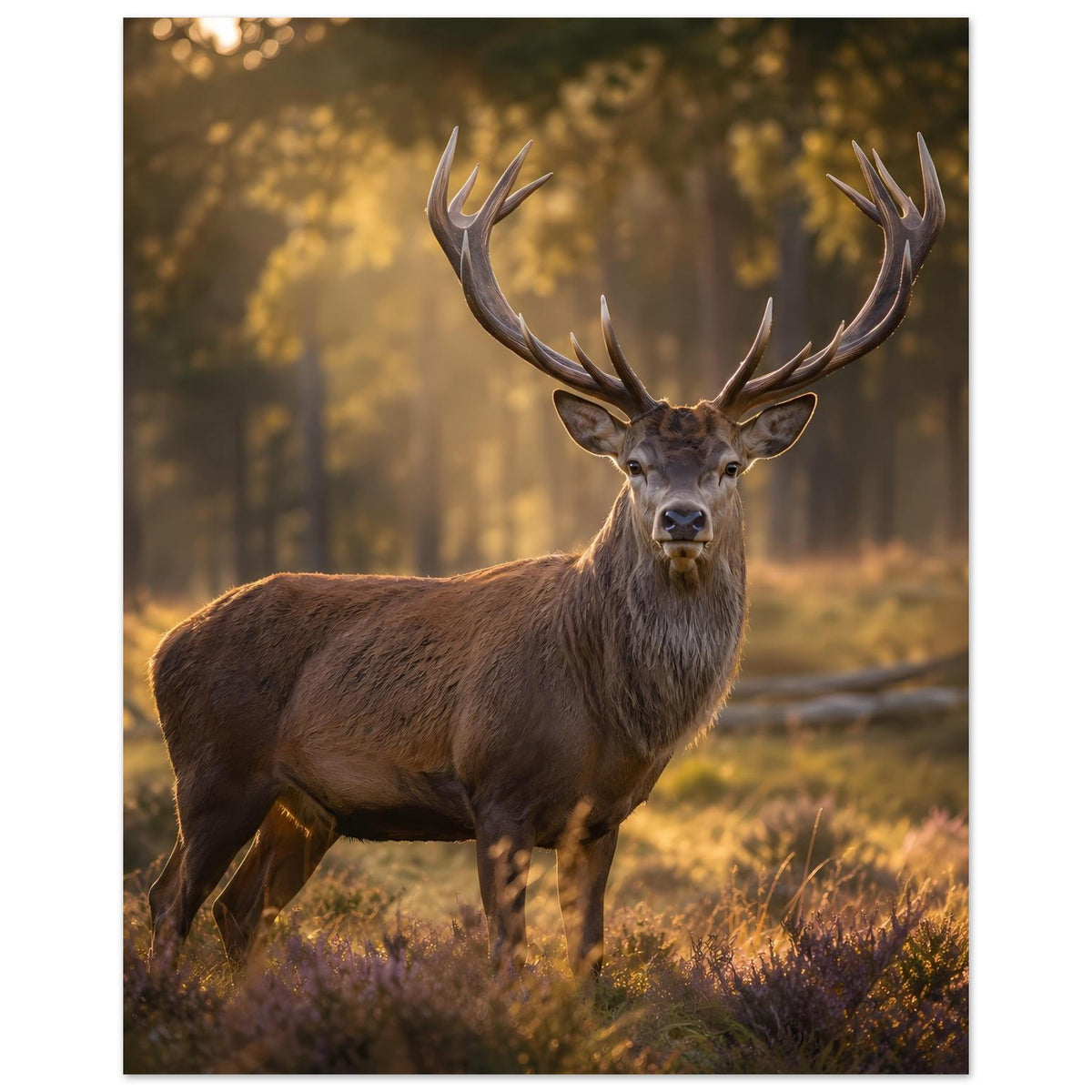 Poster: Hirschbock im goldenen Wald, klarer Blick auf Kopf und Geweih