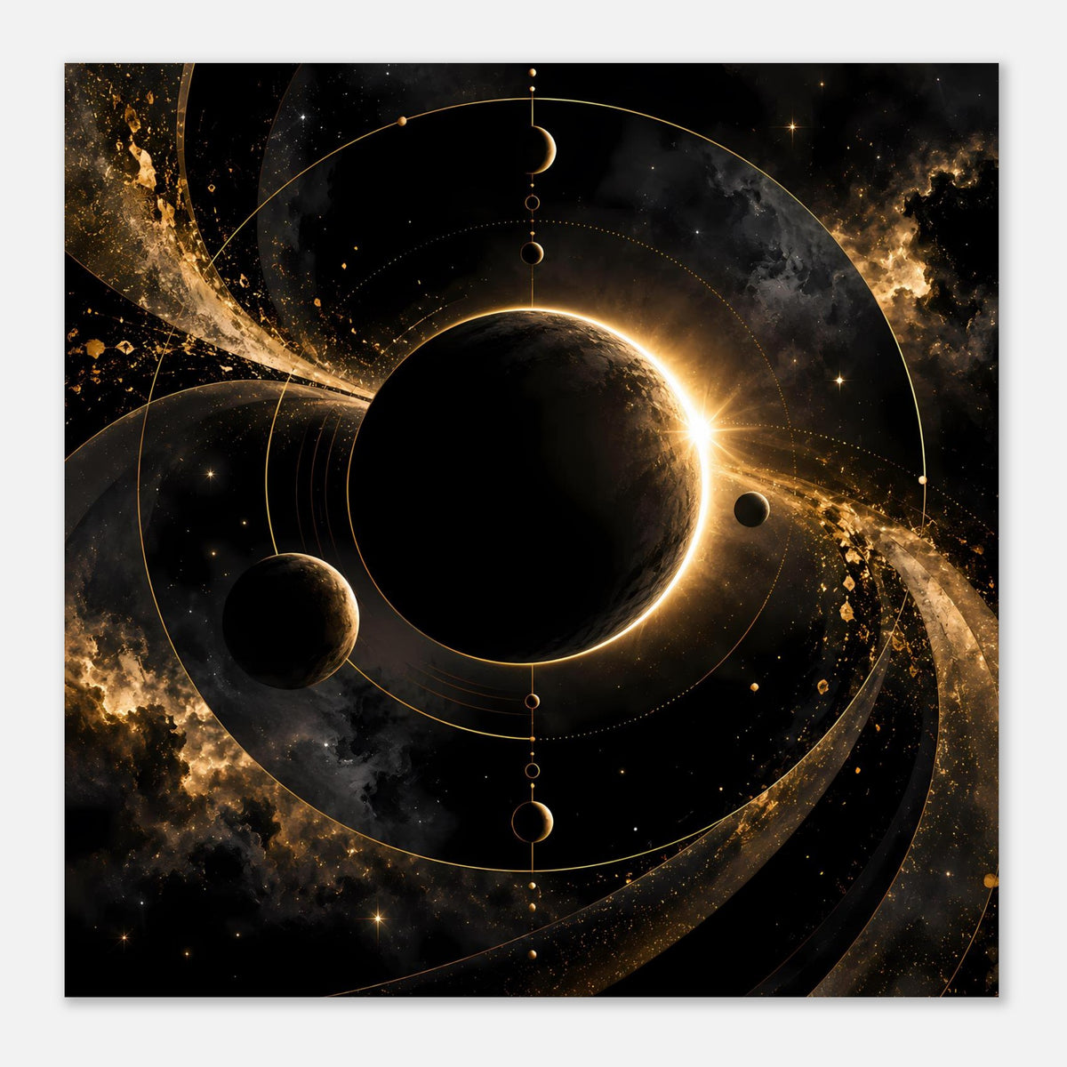 Weltraum-Poster mit schwarzem Planeten, gold leuchtender Aura, kleinen Monden und Ringen