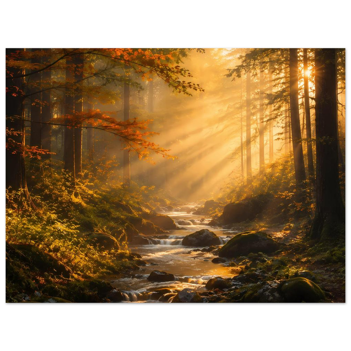 Poster Wald-Sonnenaufgang quer: leuchtender Himmel, Sonnenstrahlen zwischen hohen Bäumen, Bach und Steine