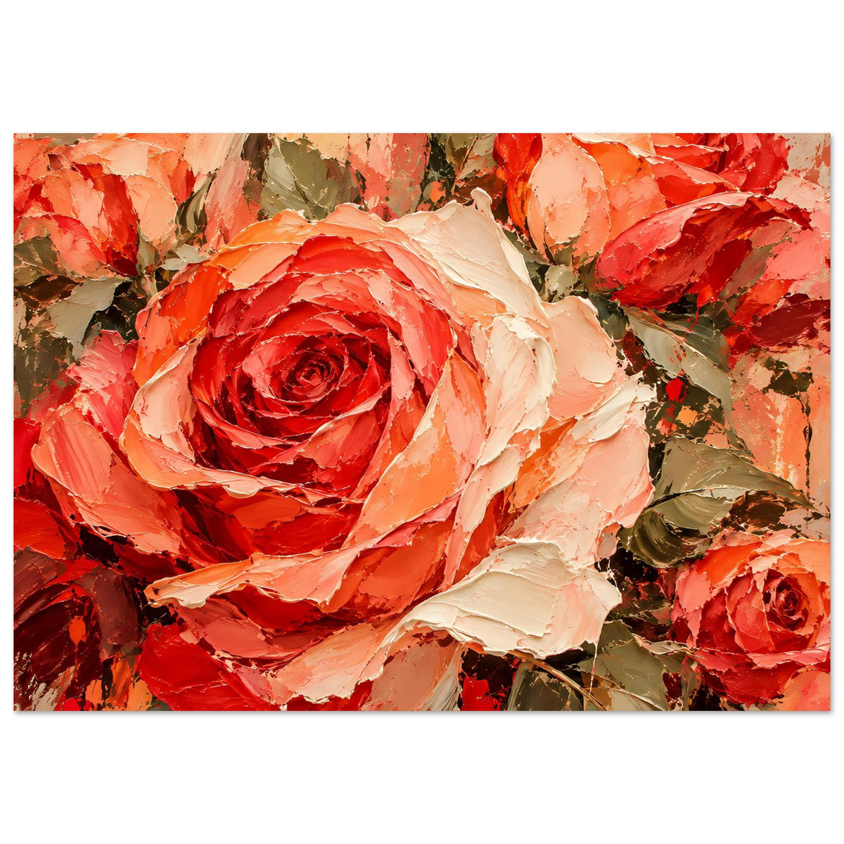 Gerahmtes Poster mit Rosenmotiv in Rot, Orange und Creme, pastoser Pinselstruktur