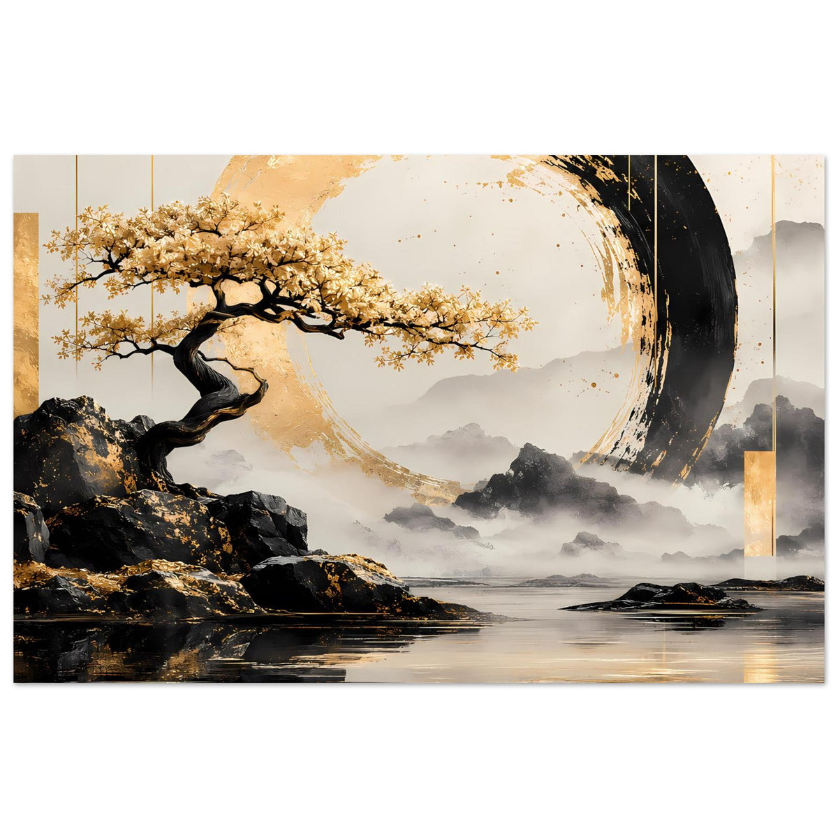 Horizontales Poster mit gold-schwarzem Kreisdesign, Baum, Felsen und spiegelndem Wasser