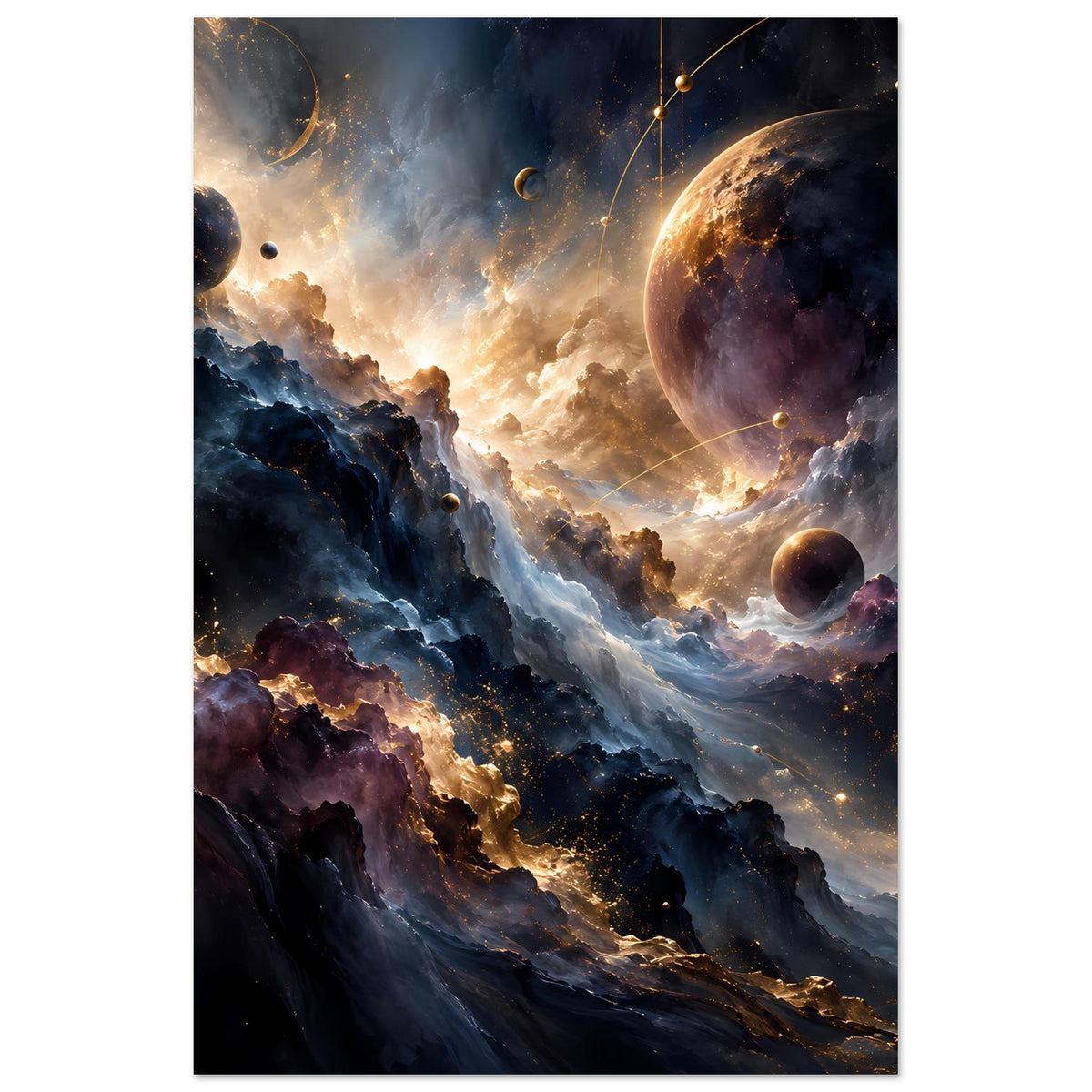 Vertikales Kunstposter mit Planeten und Sternenstaub, violetten Nebeln und leuchtender Mitte