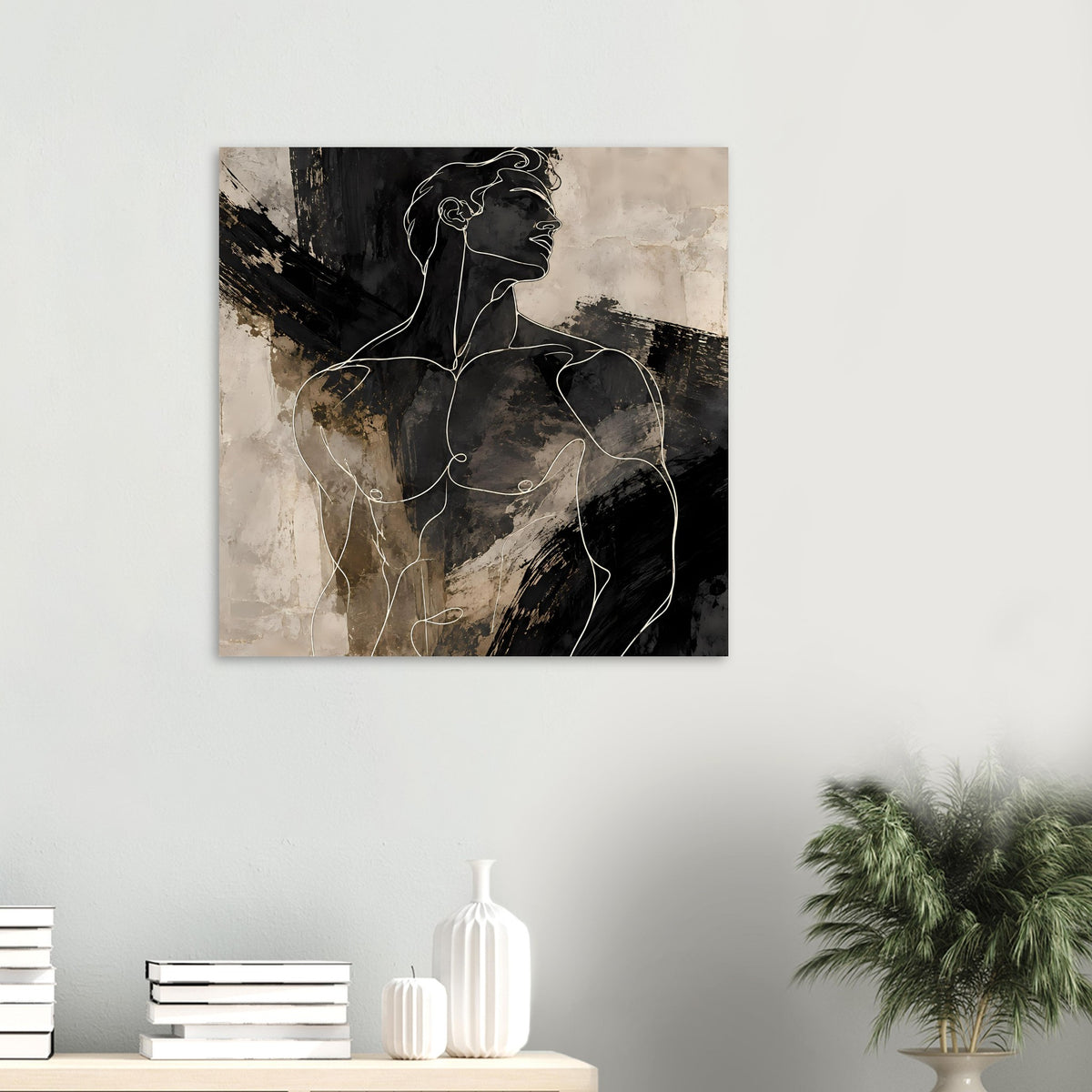 Quadratisches Poster mit abstrakter männlicher Silhouette im Profil, Linie auf beiger Fläche