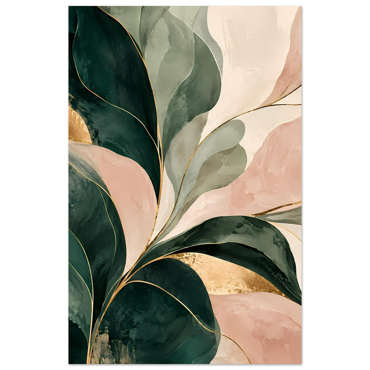 Abstraktes Kunstposter mit smaragdgrünen, roséfarbenen und goldenen Formen