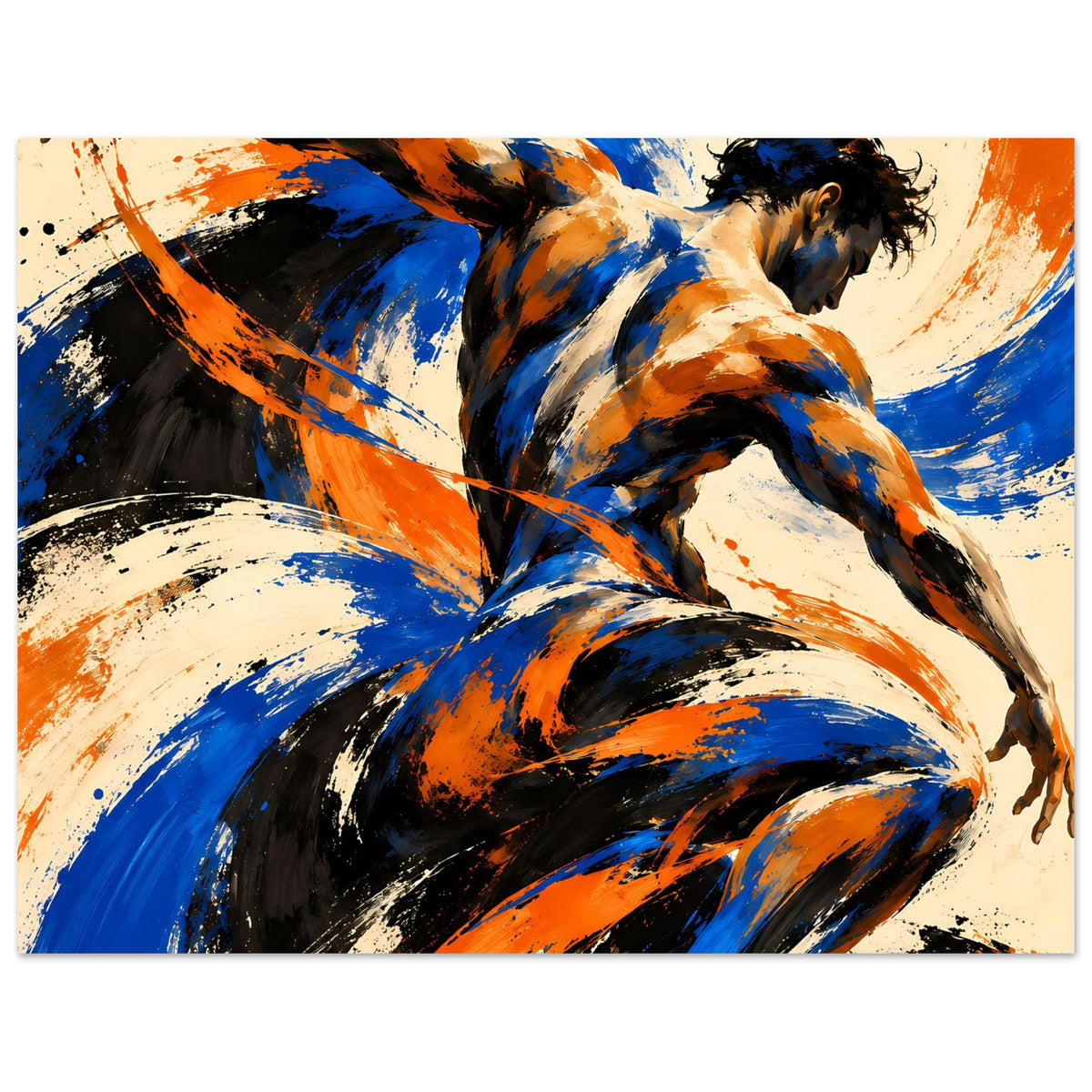 Kunstposter im Querformat mit abstrakter Aktfigur, blaue und orangefarbene Pinselwirbel