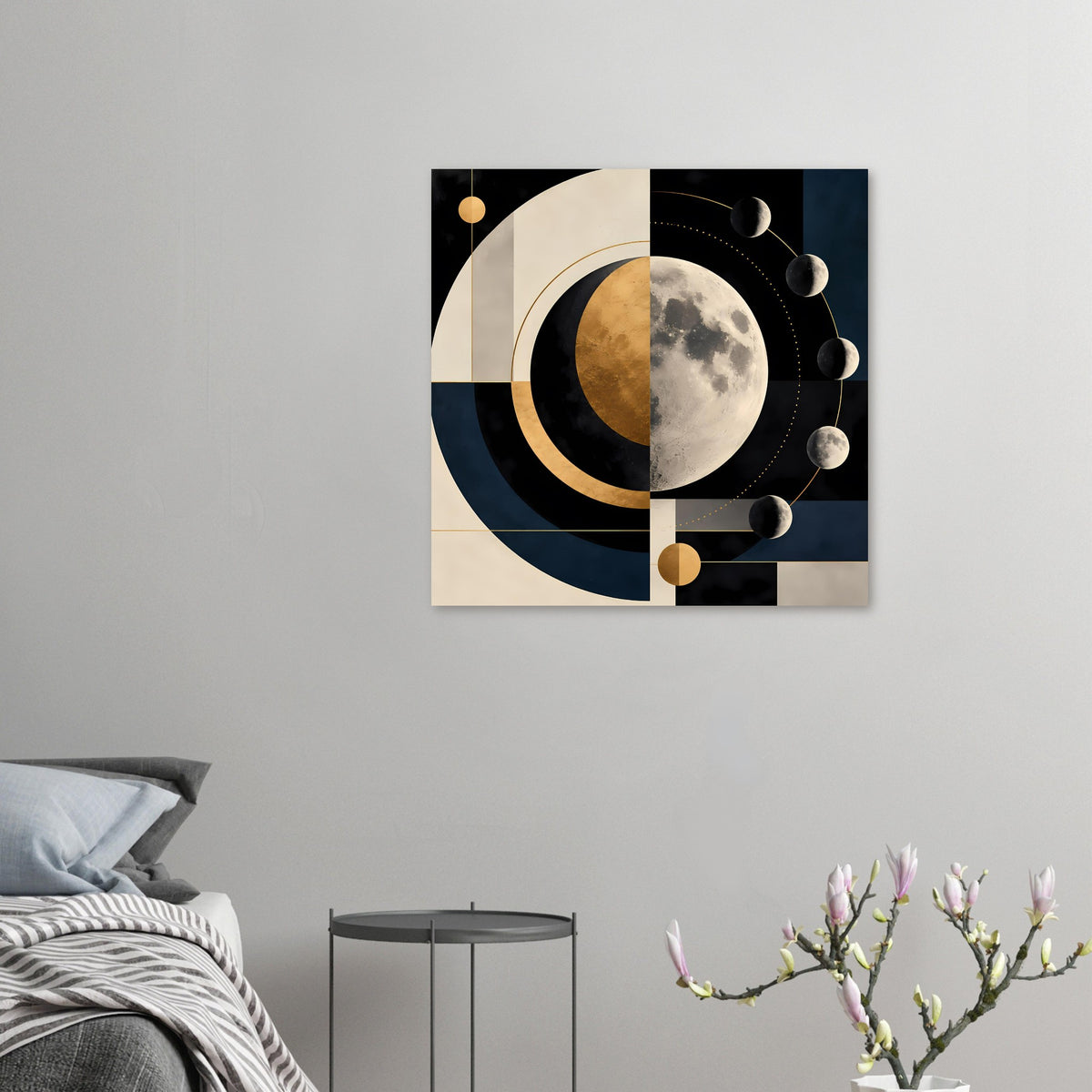 Abstrakter Mondkunst-Druck im kleinen Format: Mondscheibe, goldene Kreise, Planeten